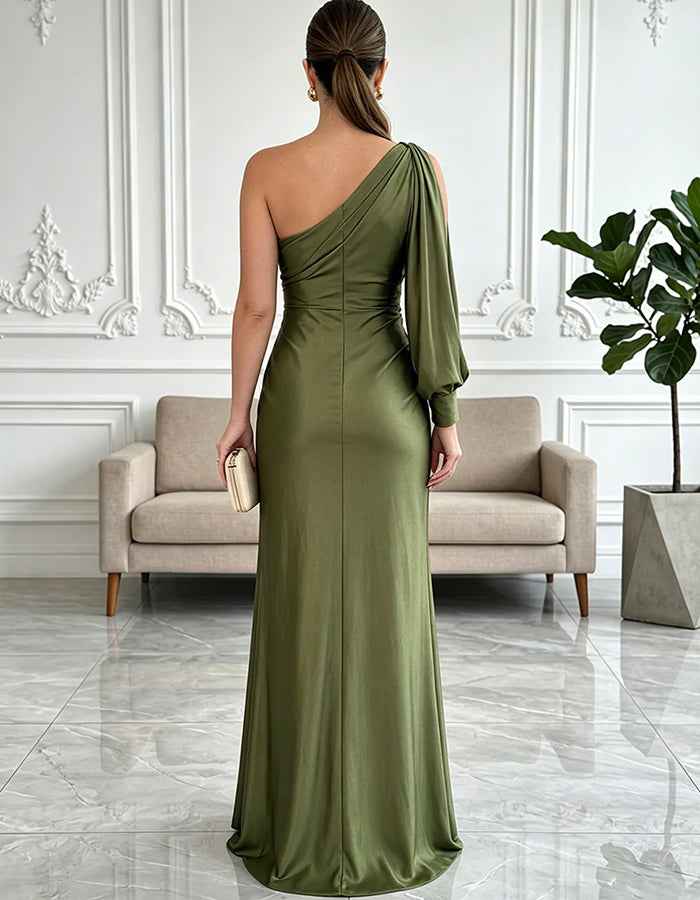 Olive Green Satin One Shoulder Twist Waist High Slit Maxi Dress