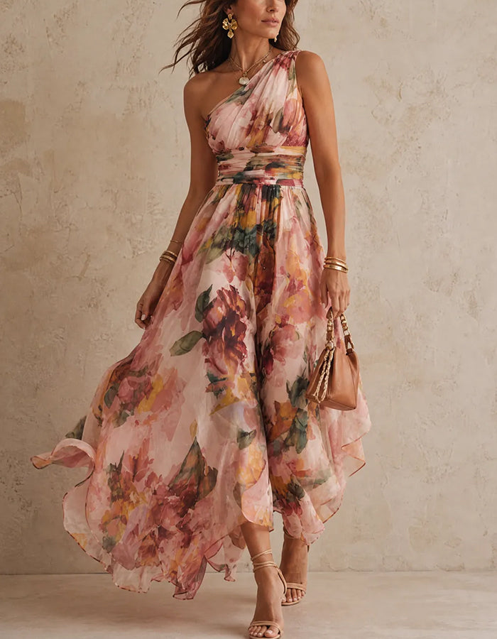 Vestido maxi de gasa rosa malva con estampado floral, un hombro y bajo asimétrico