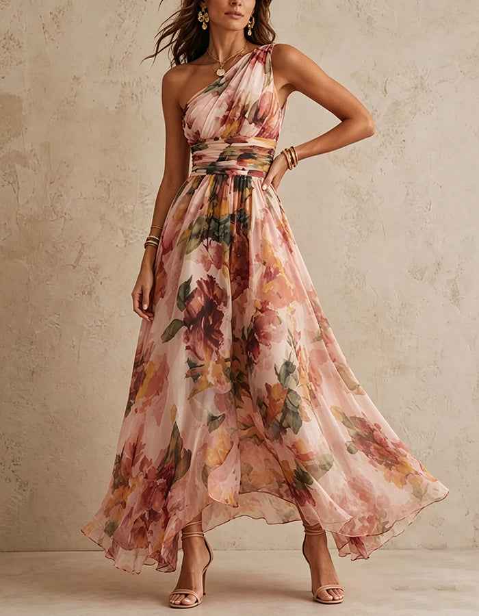 Mauve Pink One Shoulder Floral Print Chiffon Irregular Hem Maxi Dress