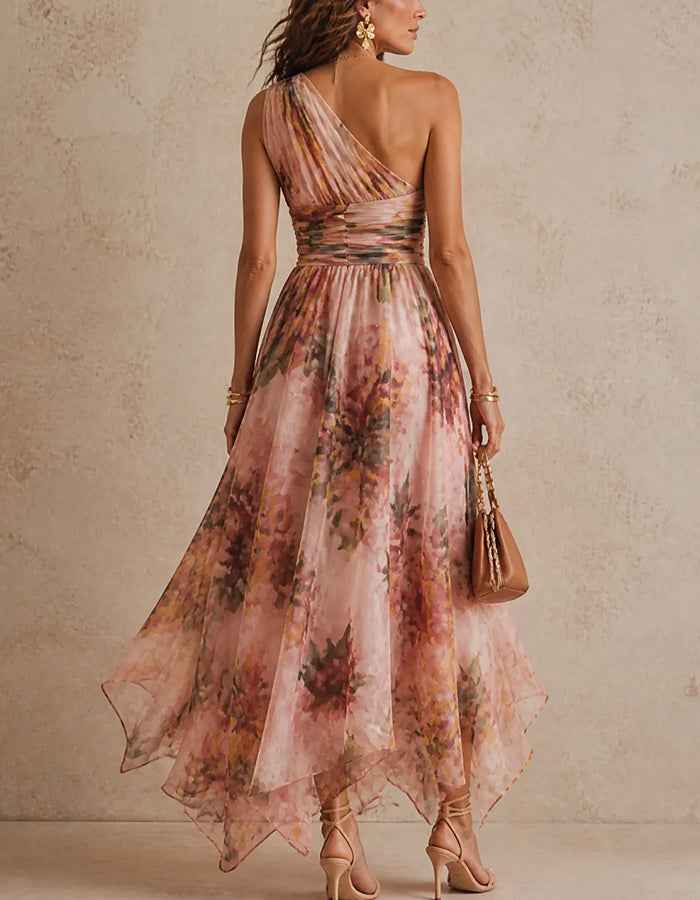 Mauve Pink One Shoulder Floral Print Chiffon Irregular Hem Maxi Dress