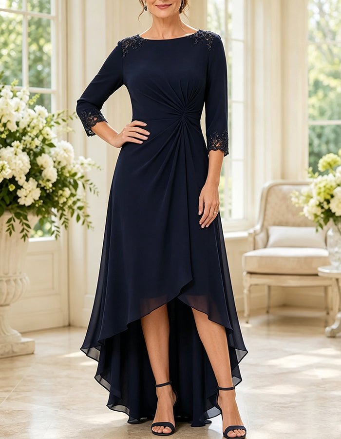 Navy Blue Lace Trim 3/4 Sleeve High Low Chiffon Maxi Dress