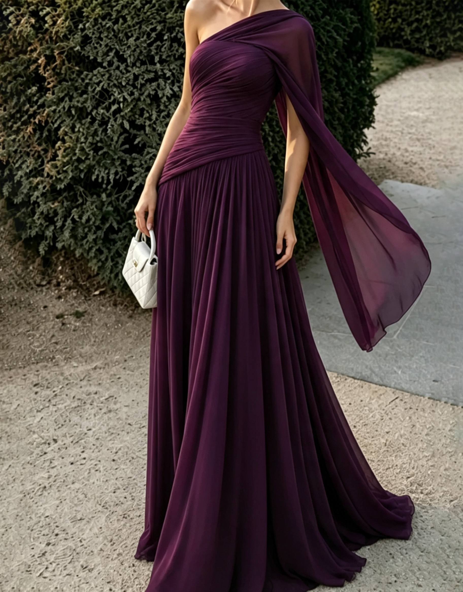 Vestido maxi esvoaçante de chiffon com drapeado sobre um ombro, alça tipo capa e corte em linha A