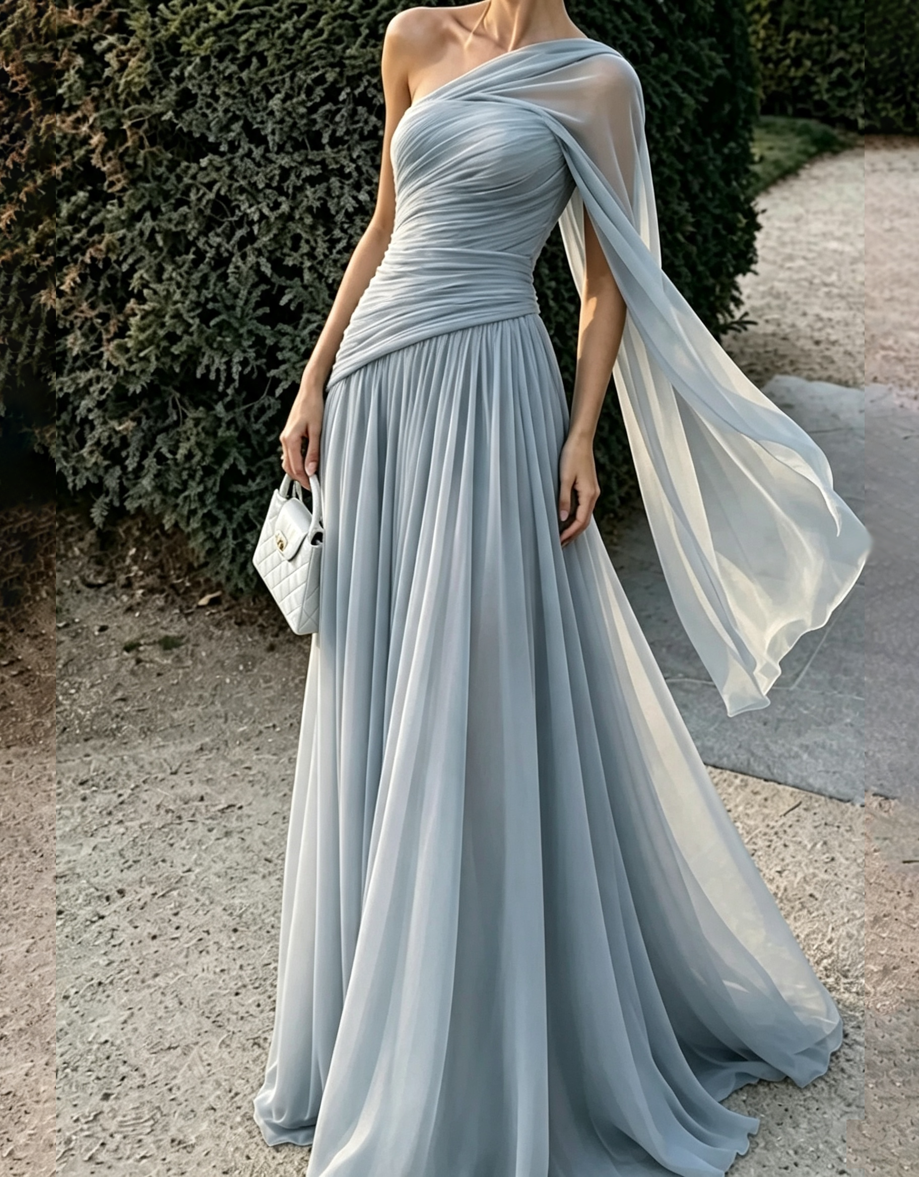Vestido maxi esvoaçante de chiffon com drapeado sobre um ombro, alça tipo capa e corte em linha A