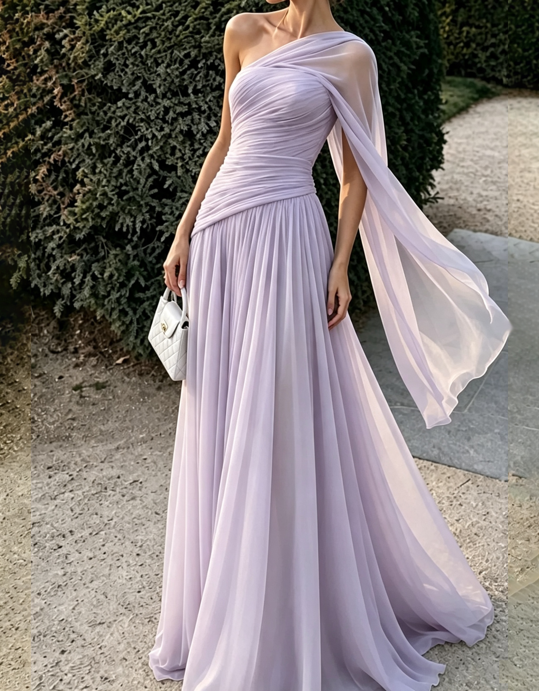 Vestido maxi esvoaçante de chiffon com drapeado sobre um ombro, alça tipo capa e corte em linha A