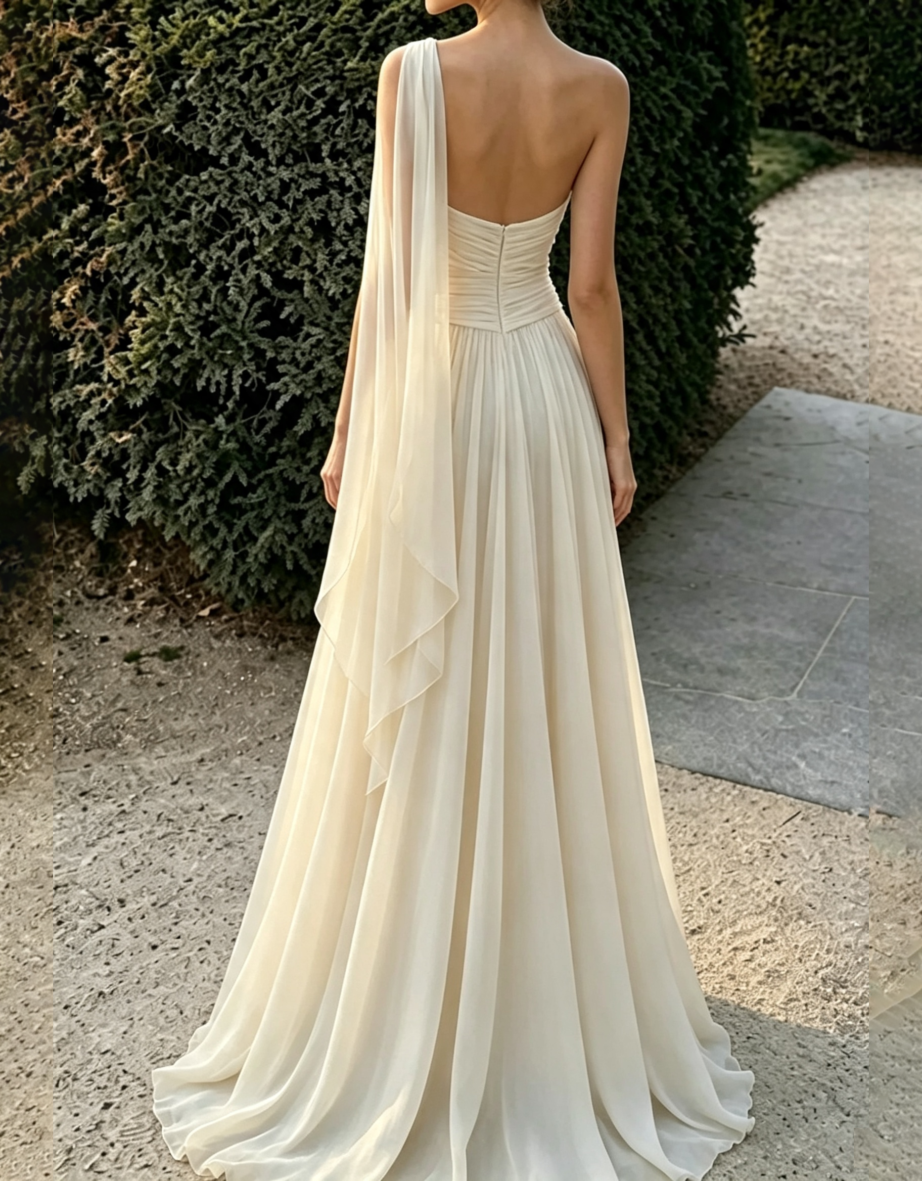 Asymmetrisches, drapiertes Chiffon-Maxikleid in A-Linie mit fließendem Cape-Träger