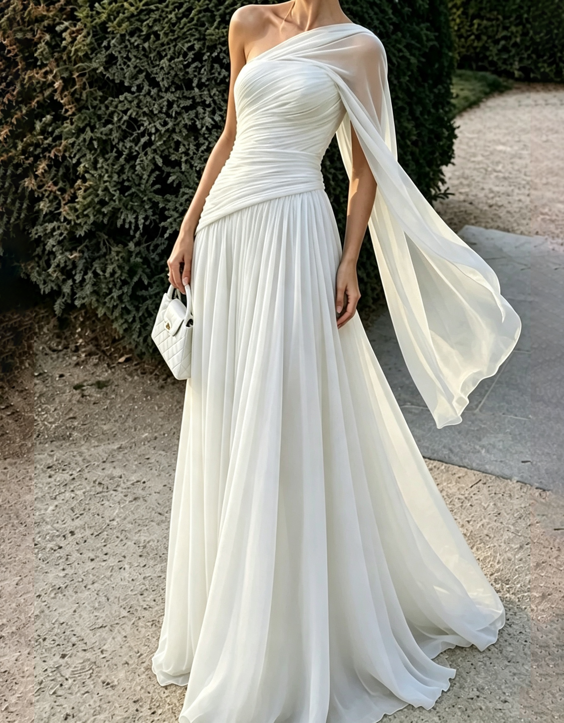 Vestido maxi esvoaçante de chiffon com drapeado sobre um ombro, alça tipo capa e corte em linha A