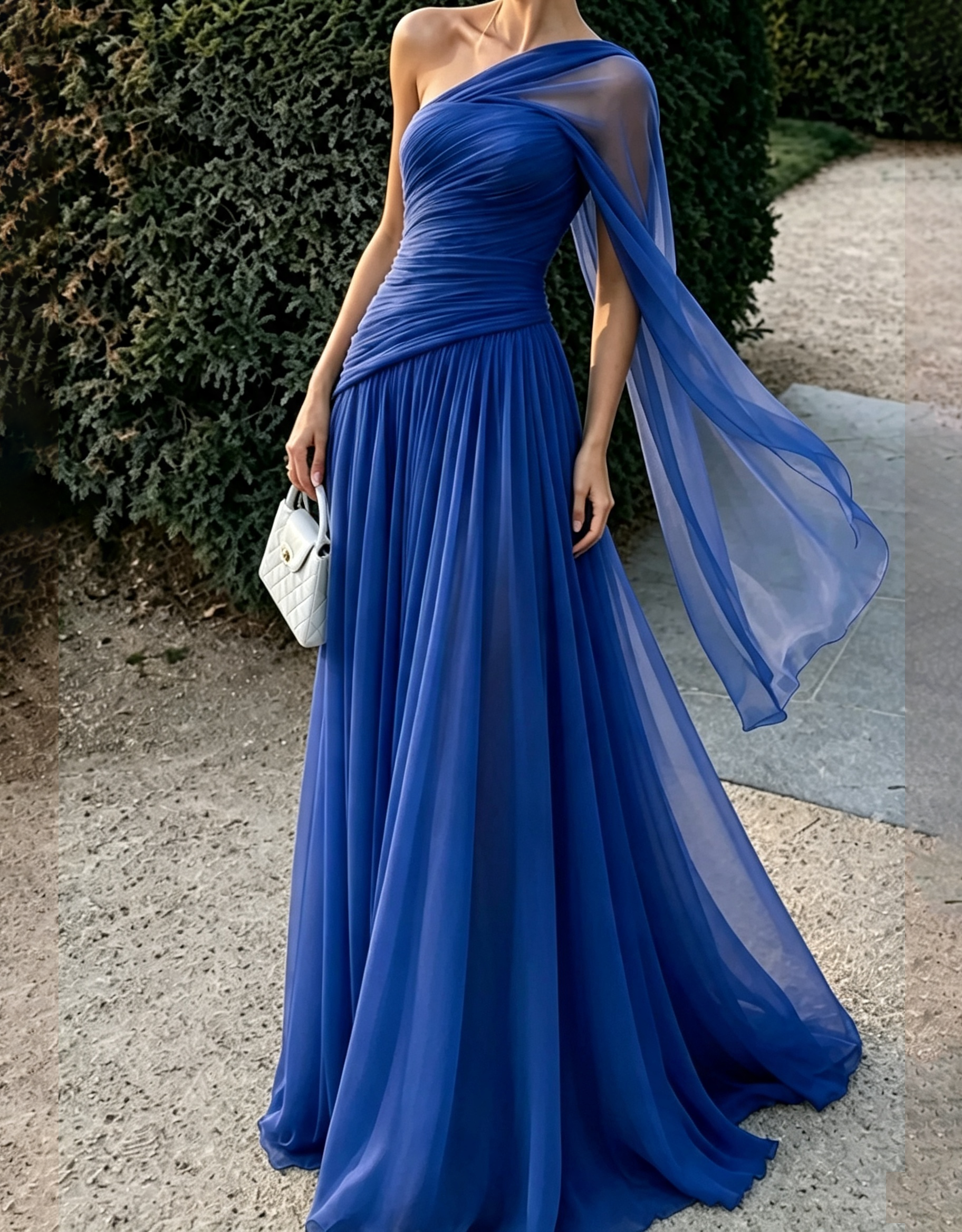 Vestido maxi esvoaçante de chiffon com drapeado sobre um ombro, alça tipo capa e corte em linha A