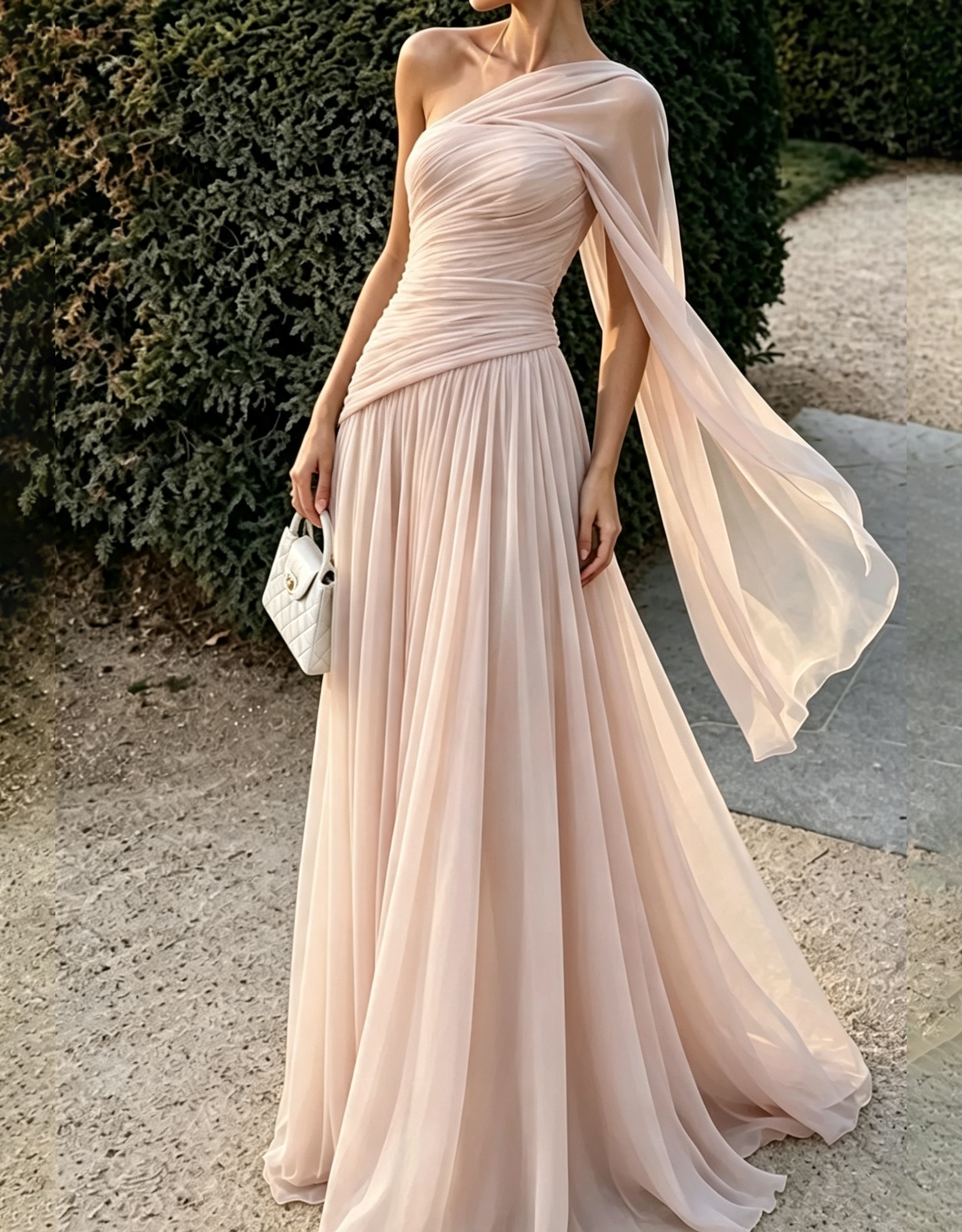 Vestido maxi esvoaçante de chiffon com drapeado sobre um ombro, alça tipo capa e corte em linha A