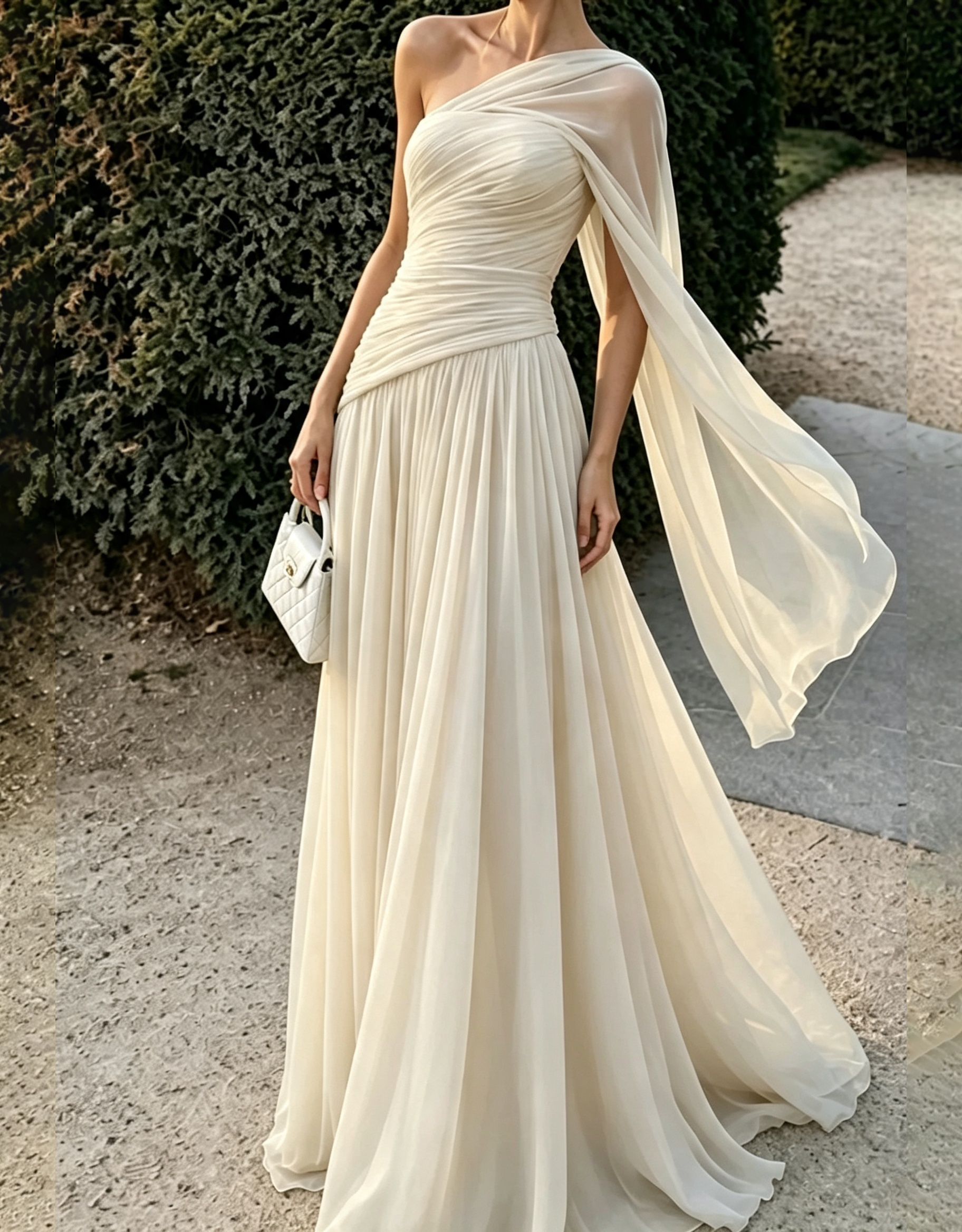 Asymmetrisches, drapiertes Chiffon-Maxikleid in A-Linie mit fließendem Cape-Träger
