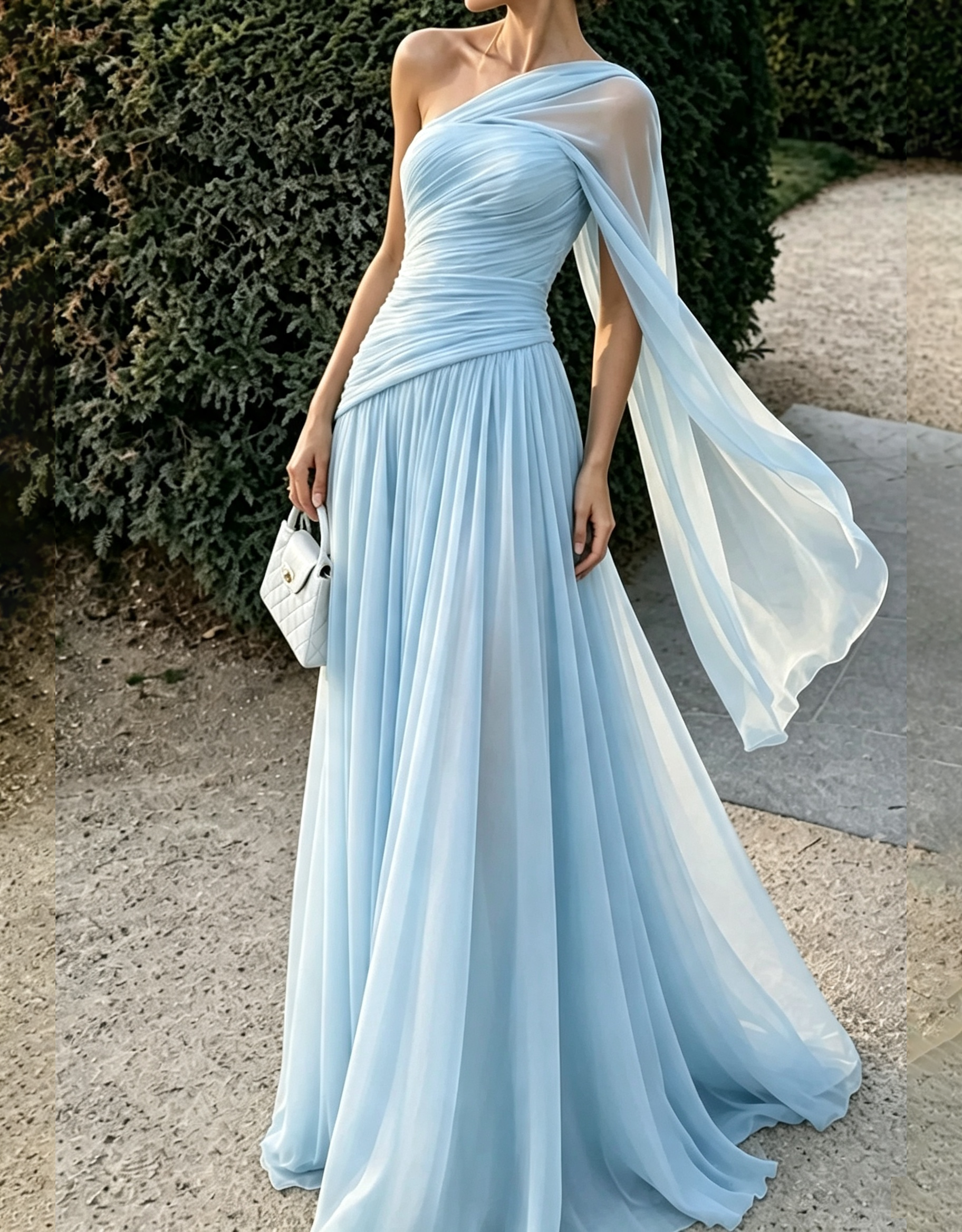 Vestido maxi esvoaçante de chiffon com drapeado sobre um ombro, alça tipo capa e corte em linha A