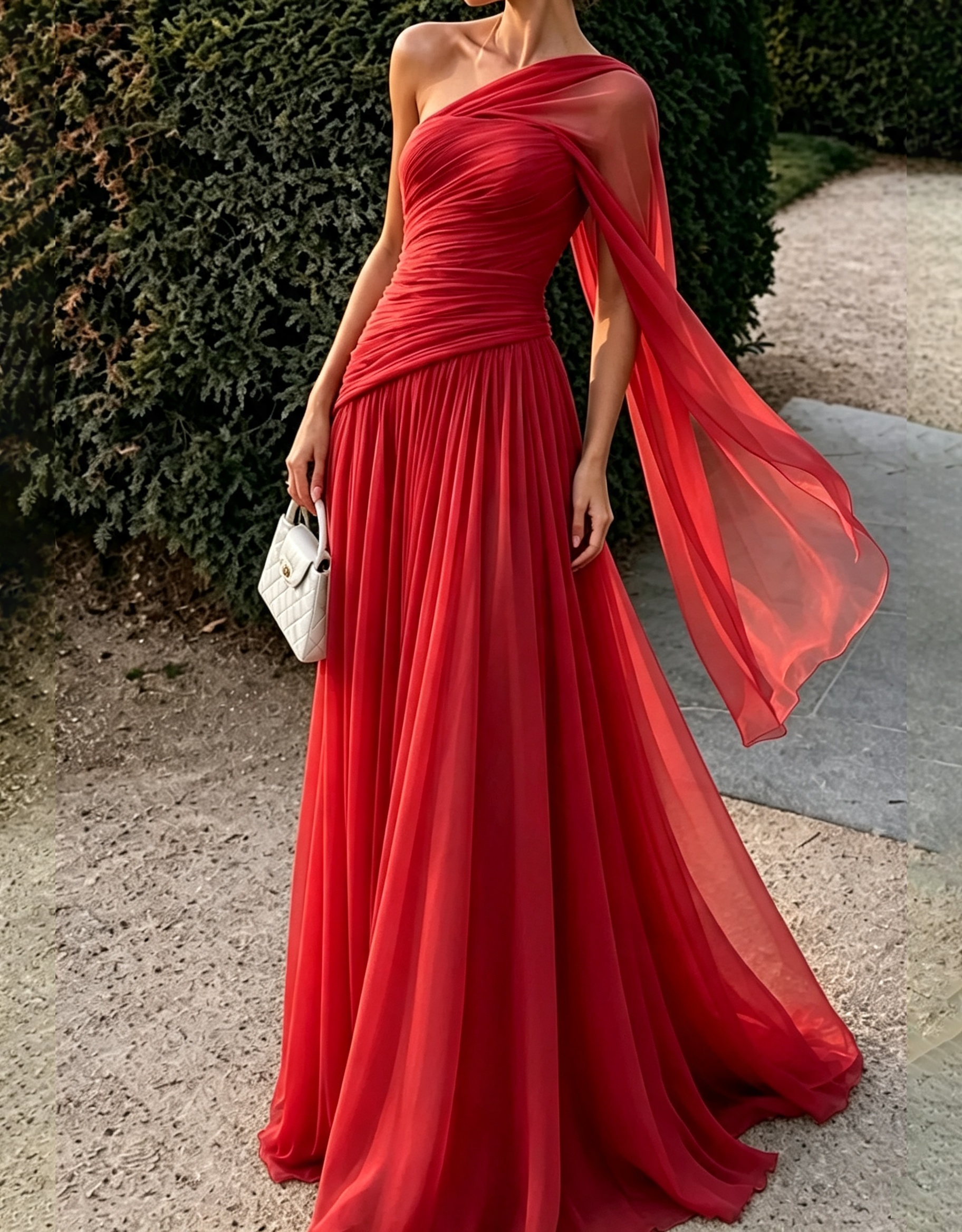 Vestido maxi esvoaçante de chiffon com drapeado sobre um ombro, alça tipo capa e corte em linha A