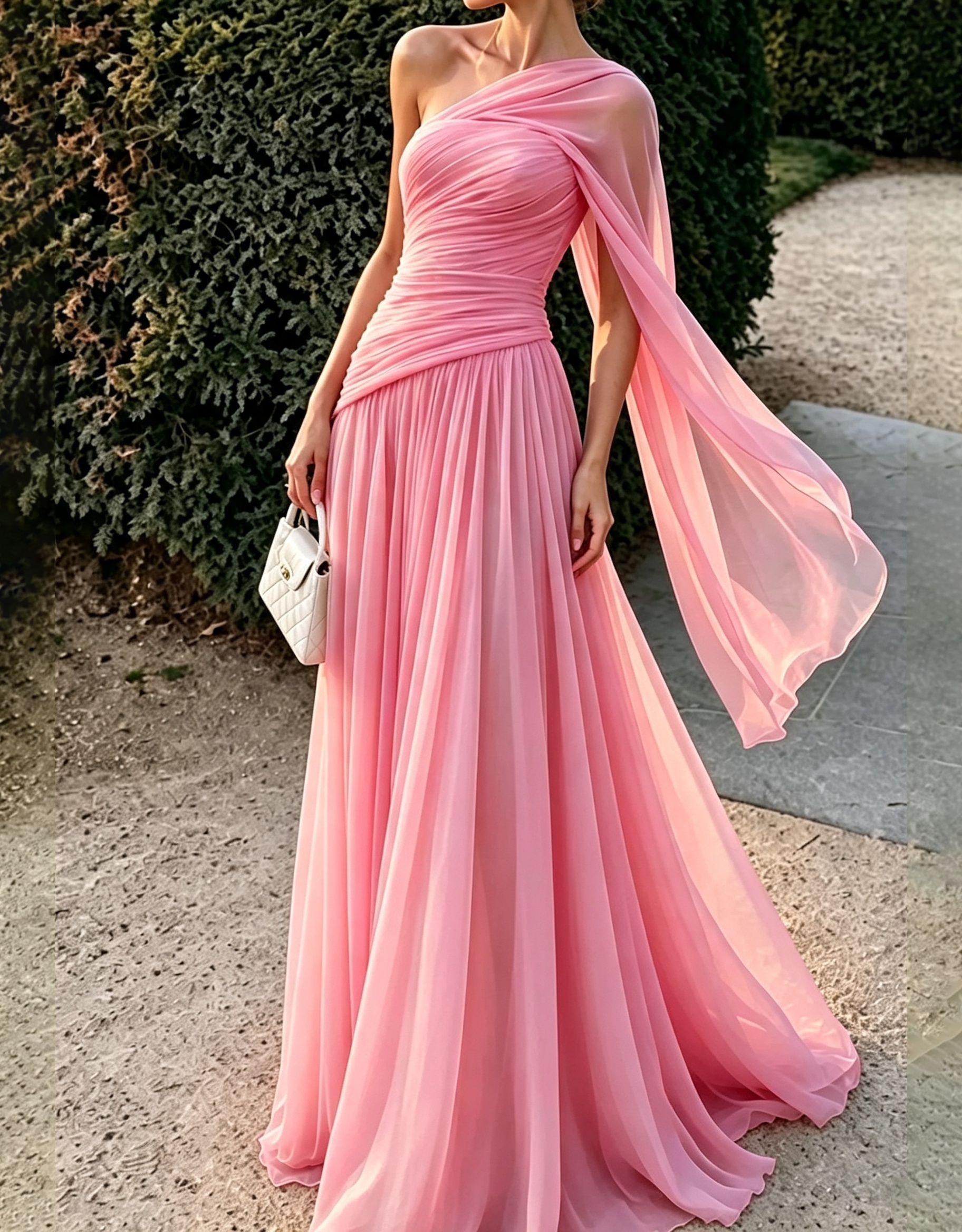 Vestido maxi esvoaçante de chiffon com drapeado sobre um ombro, alça tipo capa e corte em linha A