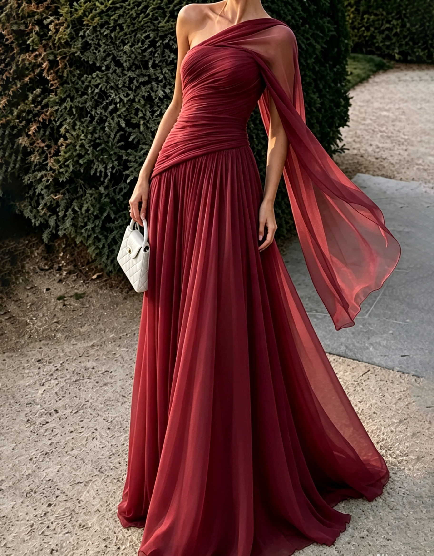 Vestido maxi esvoaçante de chiffon com drapeado sobre um ombro, alça tipo capa e corte em linha A