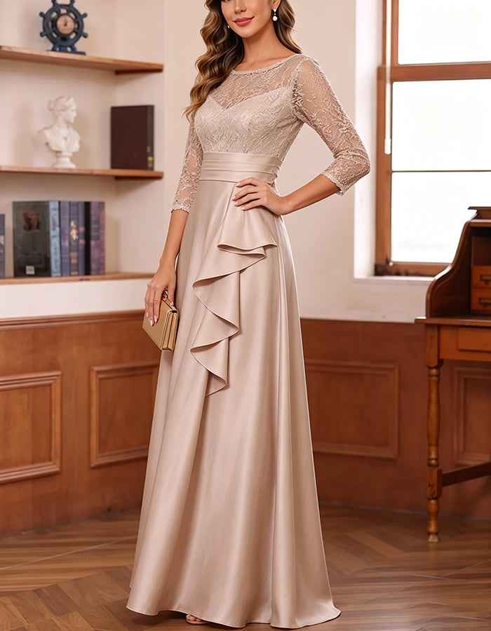 Champagne Lace Sleeve Satin Ruffle Waist A-Line Maxi Dress
