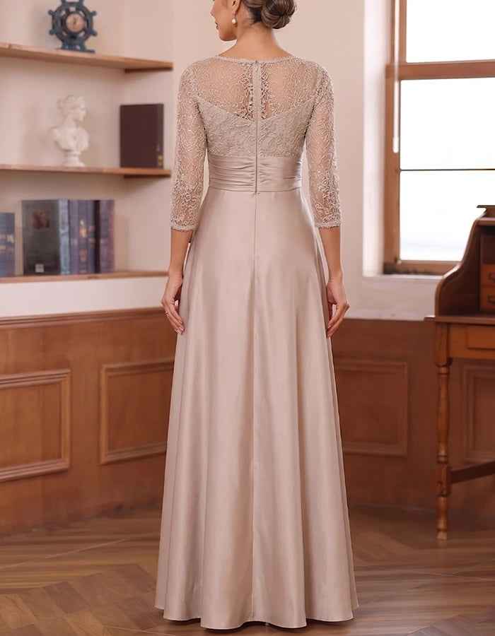 Champagne Lace Sleeve Satin Ruffle Waist A-Line Maxi Dress