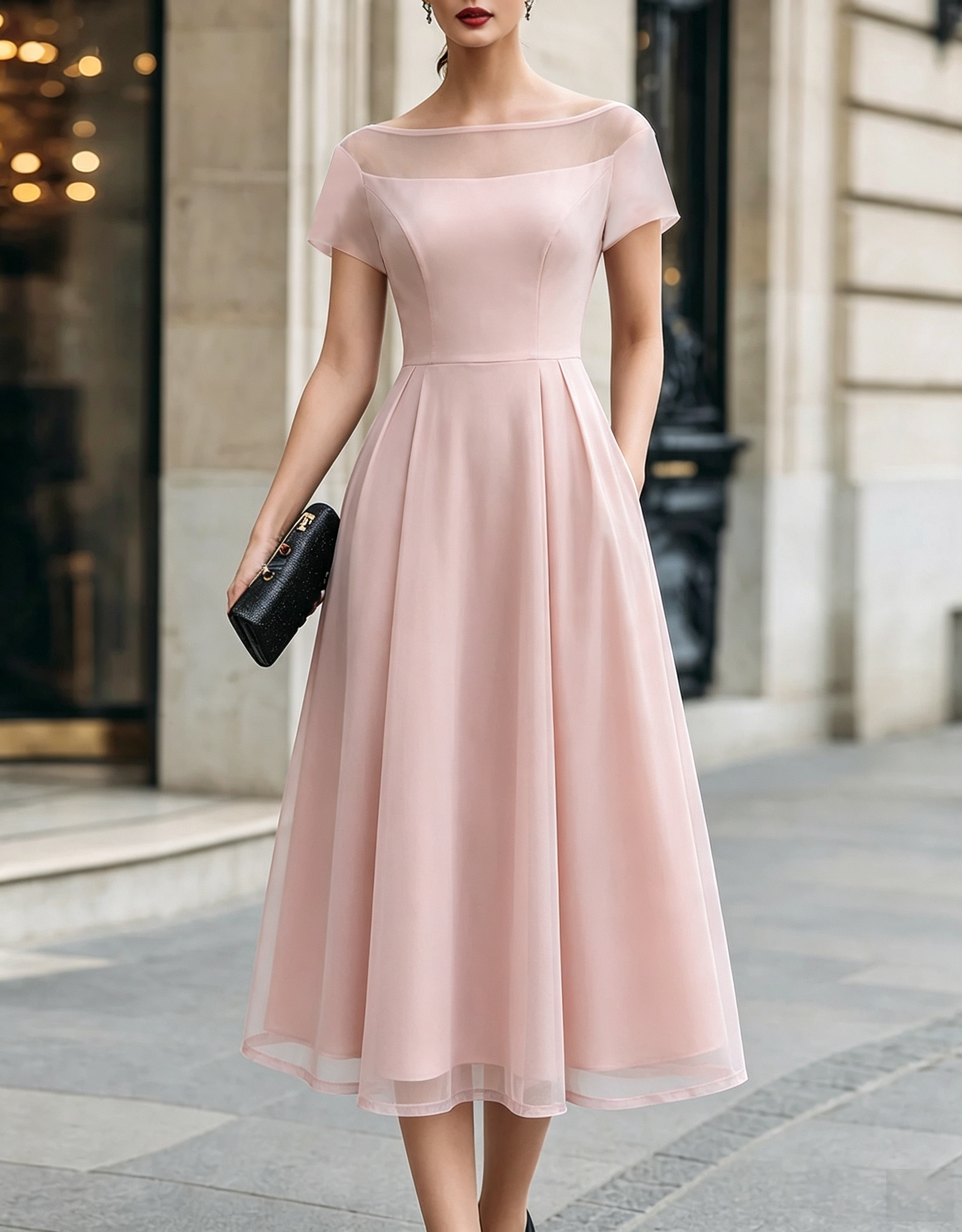 Vestido formal midi evasé em crepe e tule, com decote barco ilusão