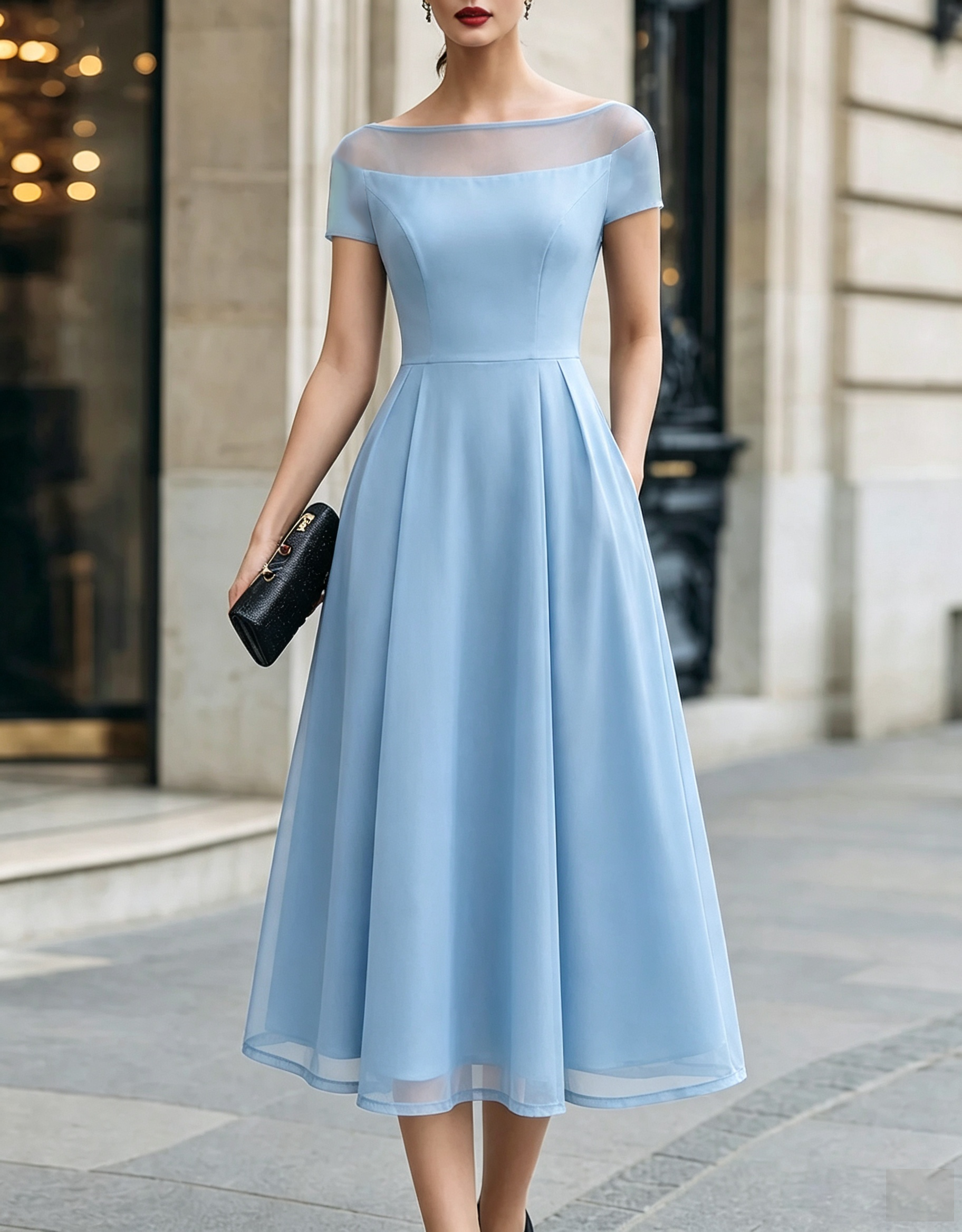 Vestido formal midi evasé em crepe e tule, com decote barco ilusão