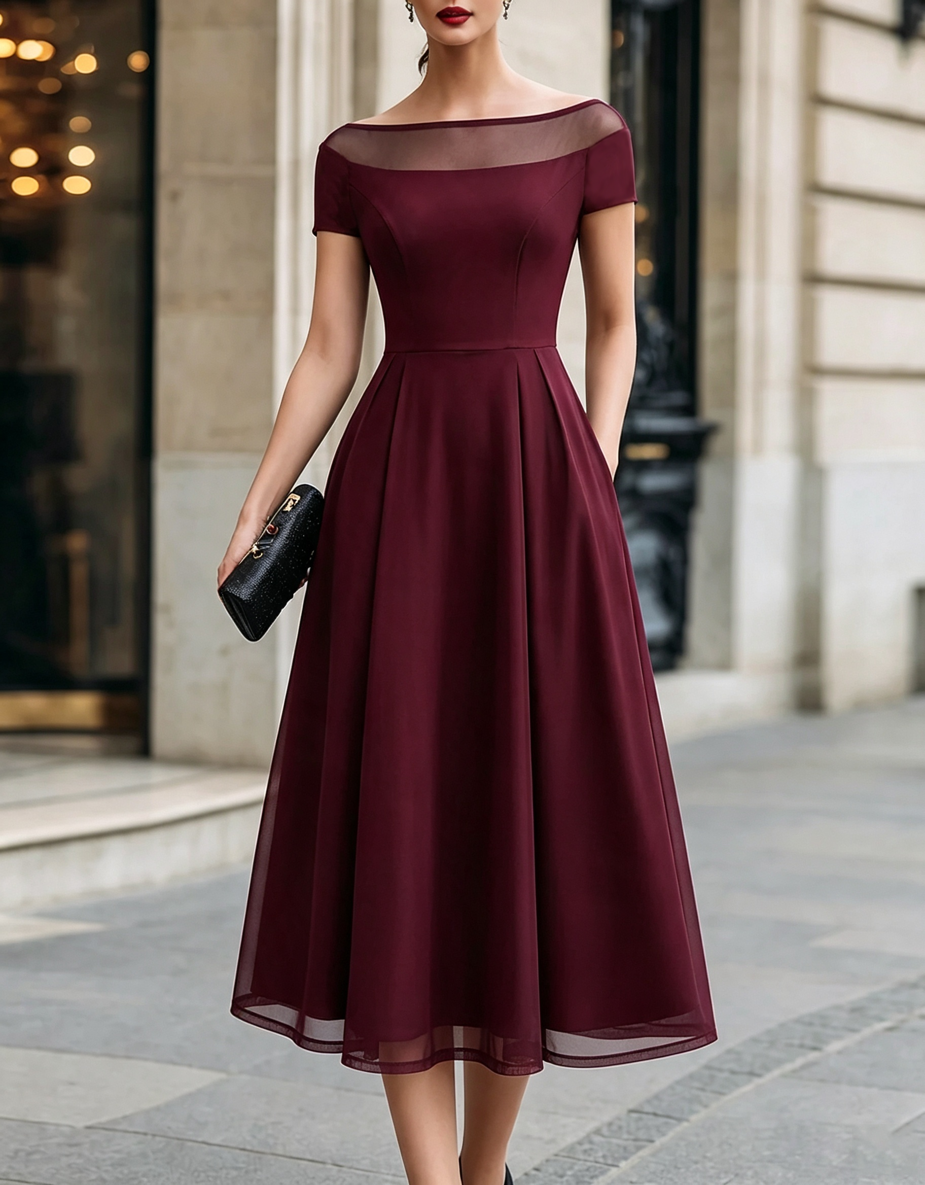 Vestido formal midi evasé em crepe e tule, com decote barco ilusão