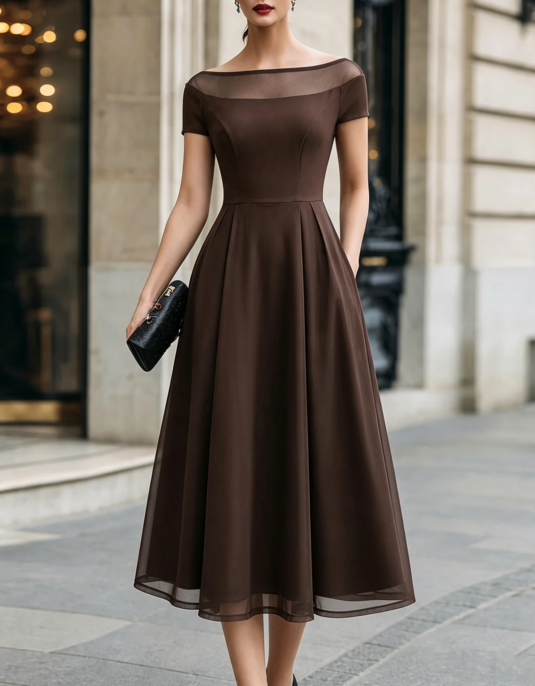 Vestido formal midi evasé em crepe e tule, com decote barco ilusão