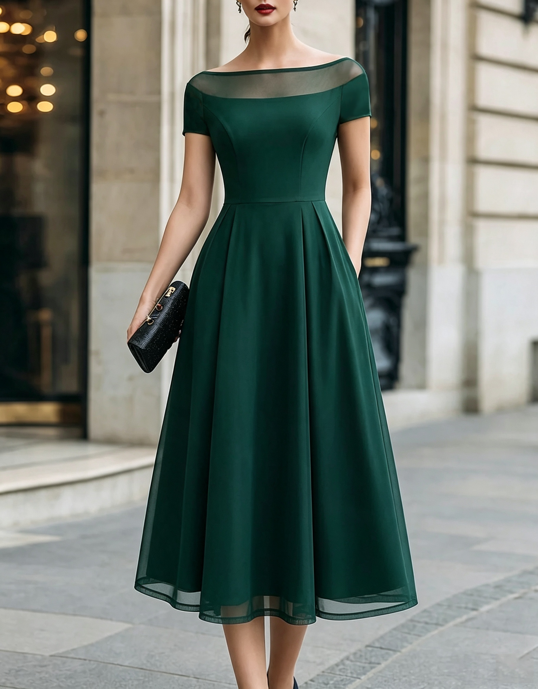 Vestido formal midi evasé em crepe e tule, com decote barco ilusão