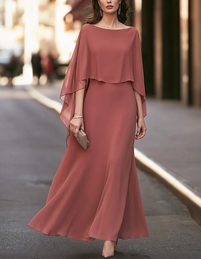 Vestido largo maxi vaporoso de gasa con escote barco y mangas tipo capa