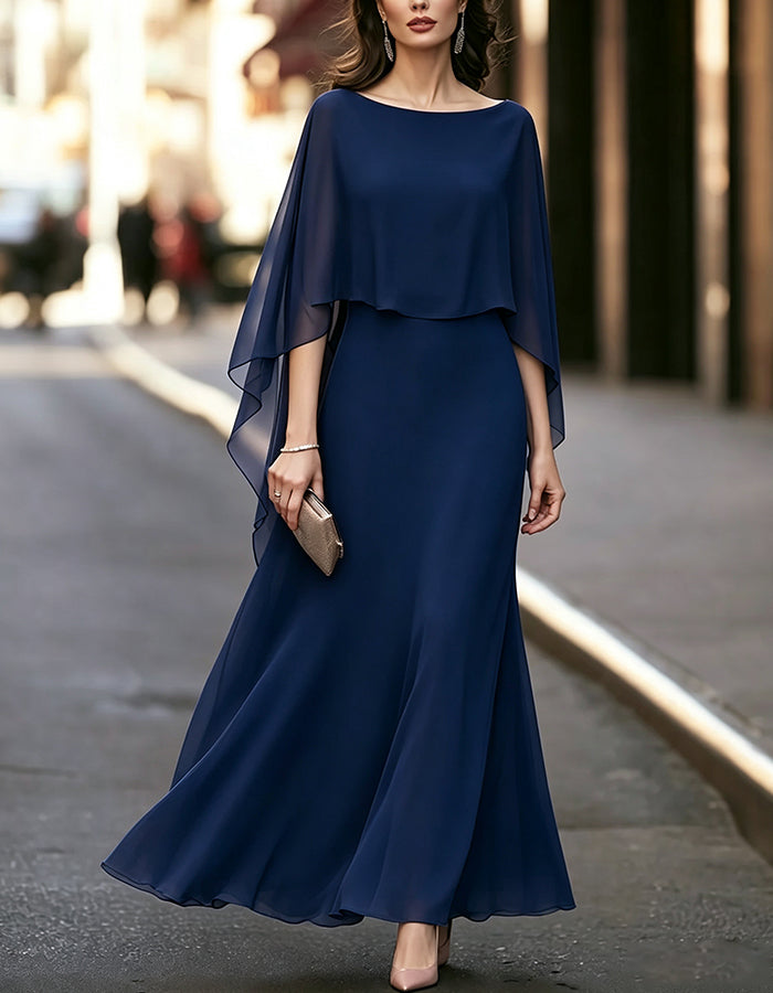 Vestido largo maxi vaporoso de gasa con escote barco y mangas tipo capa