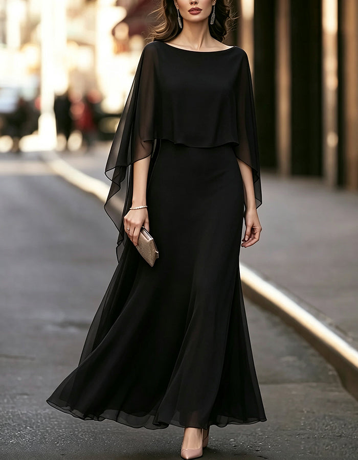 Vestido largo maxi vaporoso de gasa con escote barco y mangas tipo capa