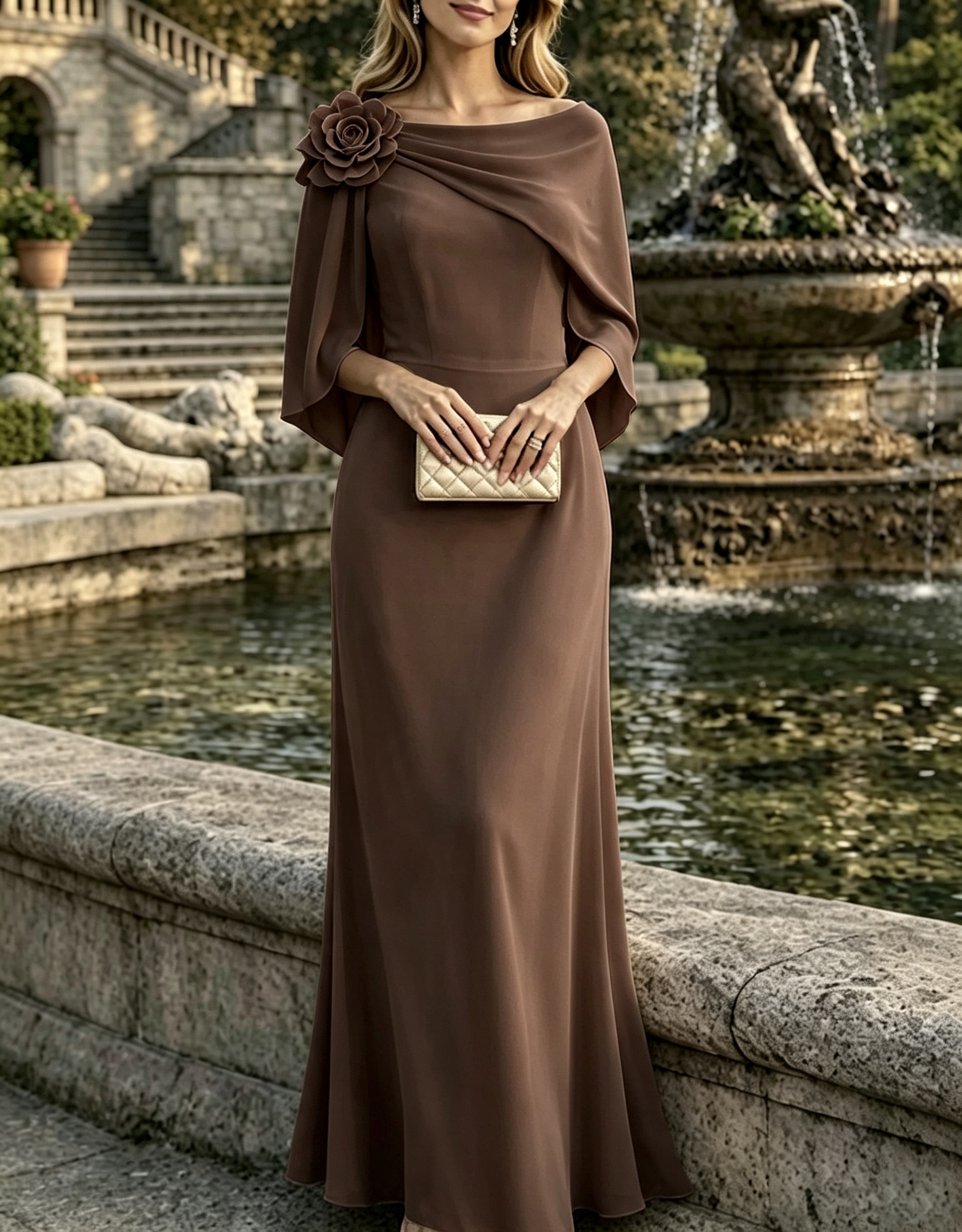Vestido maxi com sobreposição de chiffon tipo capa, decote barco e aplique floral 3D