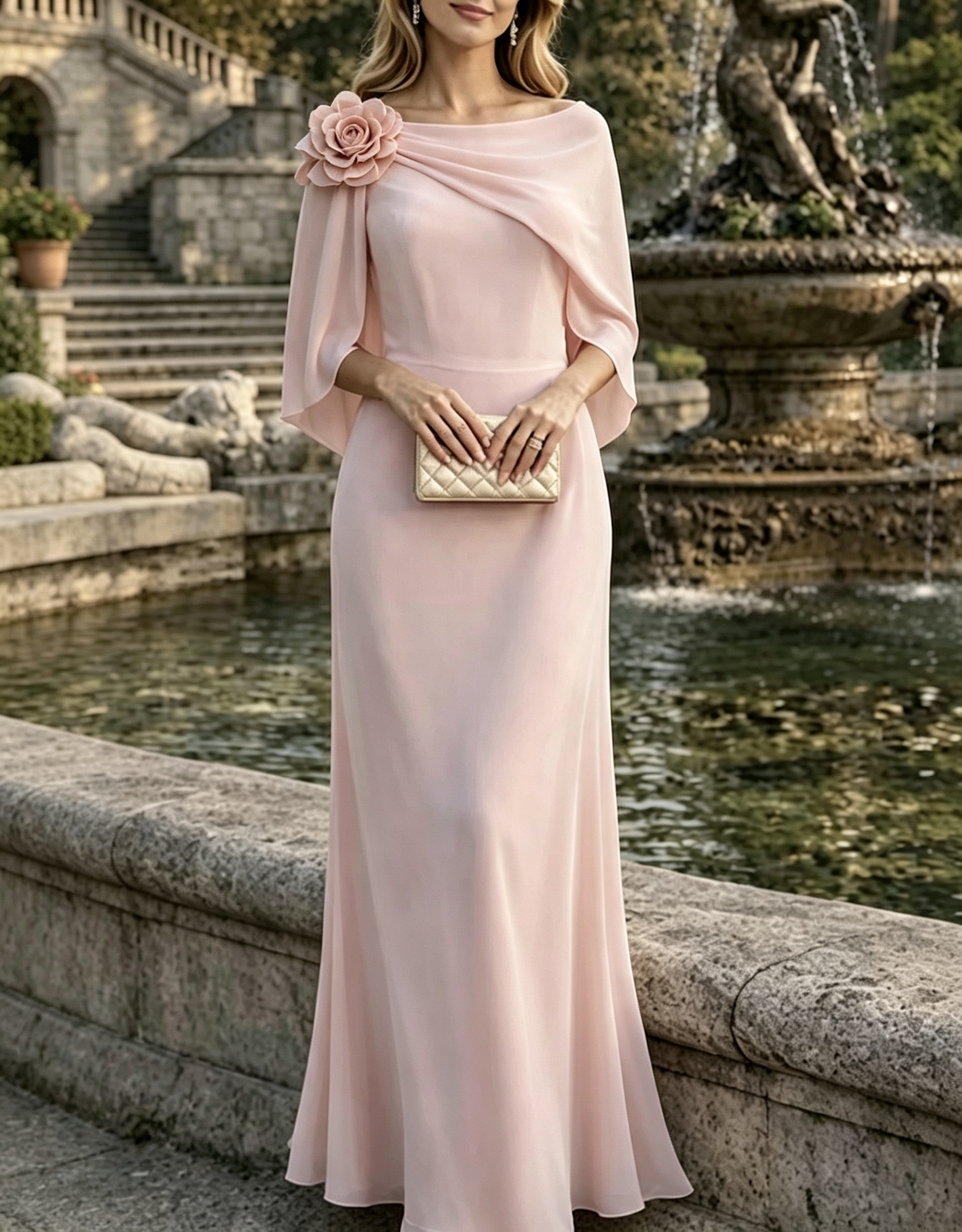 Maxikleid mit U-Boot-Ausschnitt, Chiffon-Cape-Overlay und 3D-Blumenapplikation
