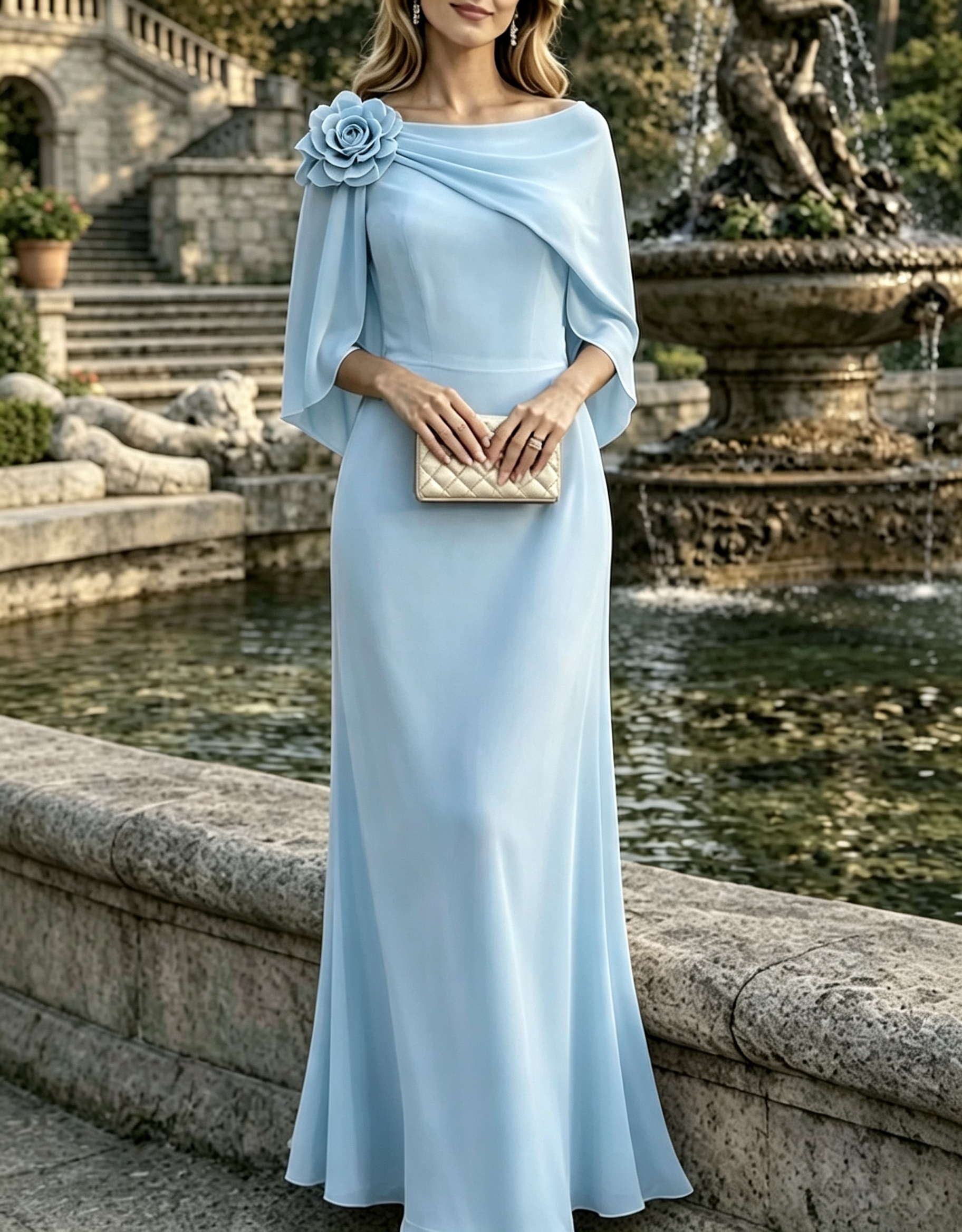 Maxikleid mit U-Boot-Ausschnitt, Chiffon-Cape-Overlay und 3D-Blumenapplikation