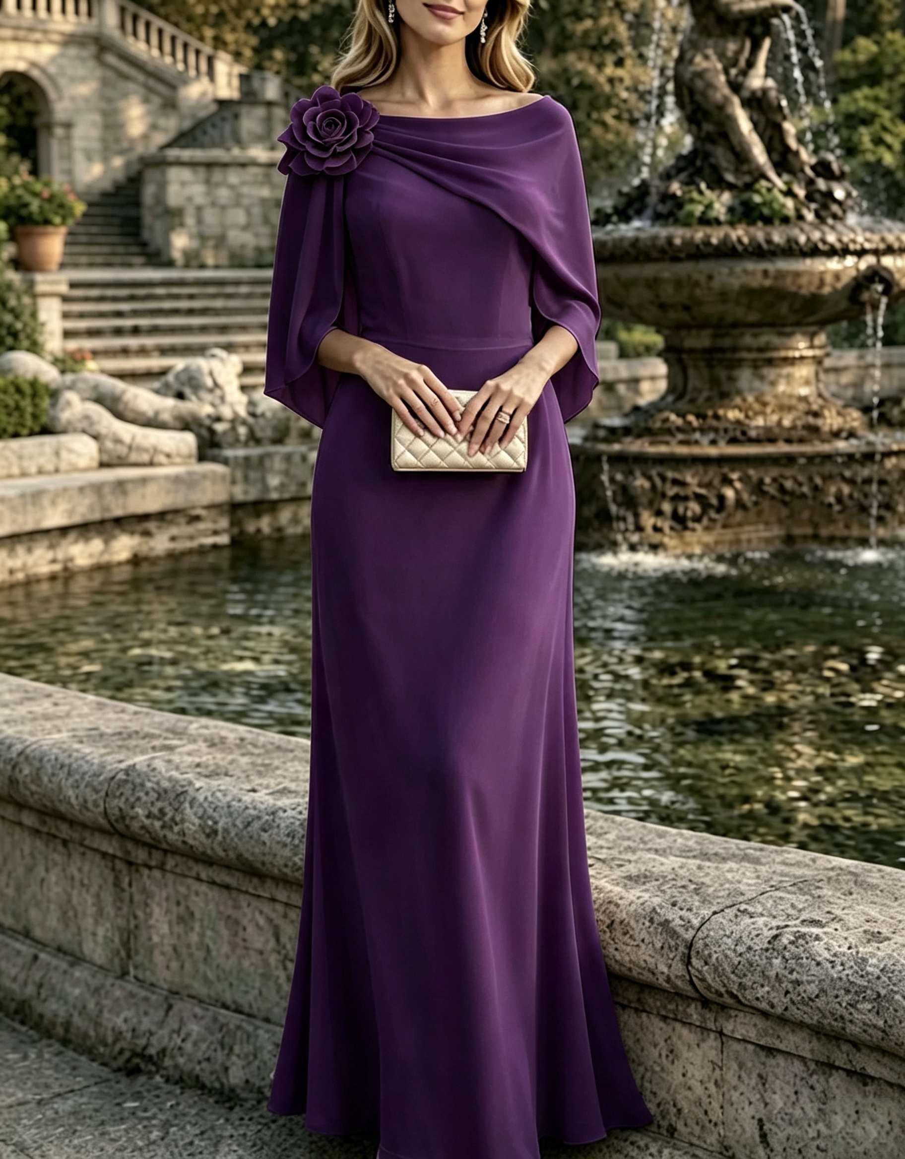 Vestido maxi com sobreposição de chiffon tipo capa, decote barco e aplique floral 3D