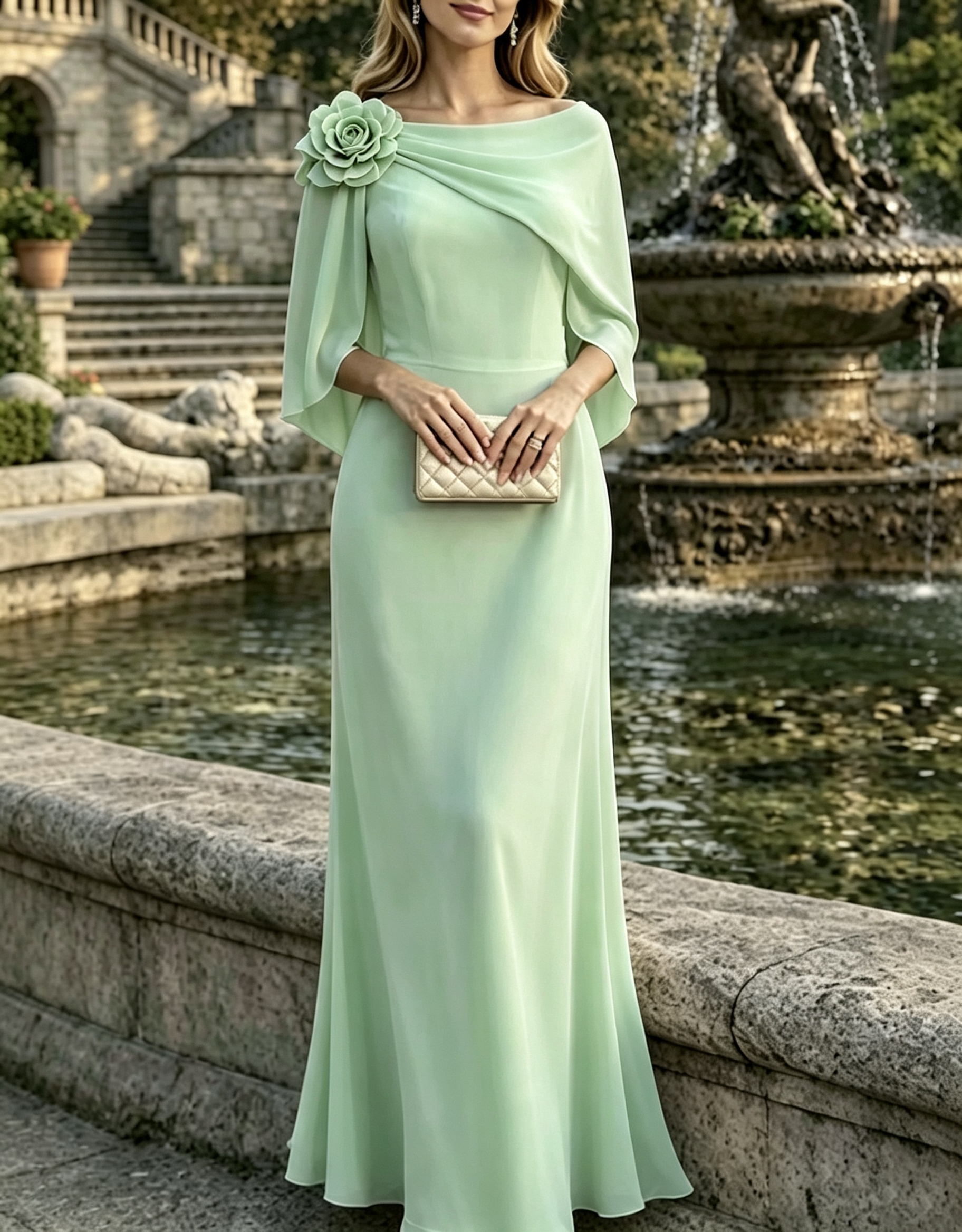 Vestido maxi com sobreposição de chiffon tipo capa, decote barco e aplique floral 3D