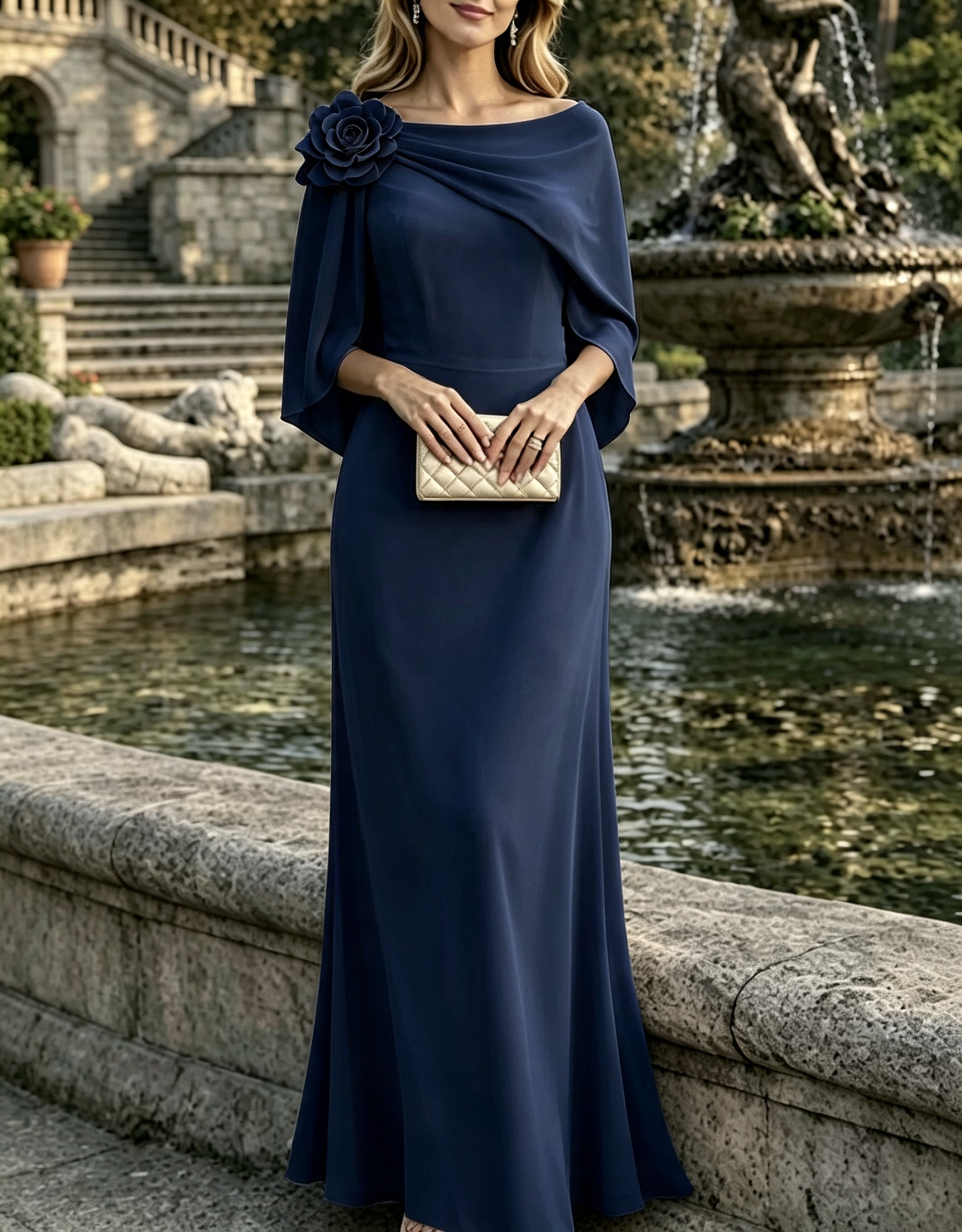 Vestido maxi com sobreposição de chiffon tipo capa, decote barco e aplique floral 3D
