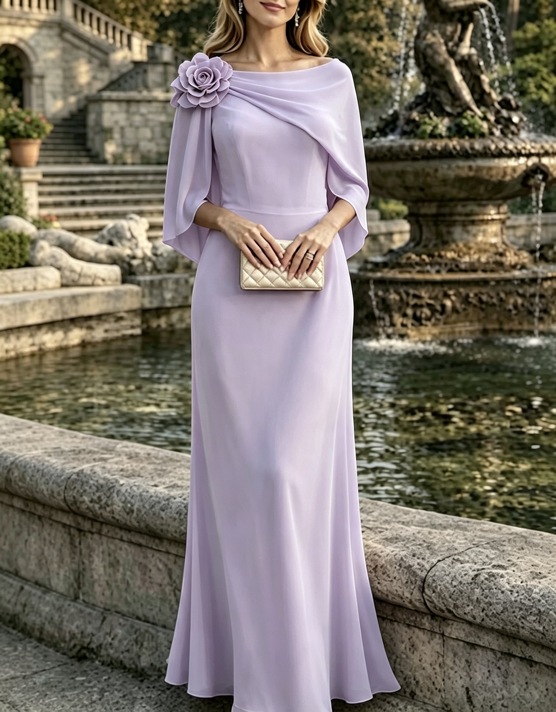 Vestido maxi com sobreposição de chiffon tipo capa, decote barco e aplique floral 3D