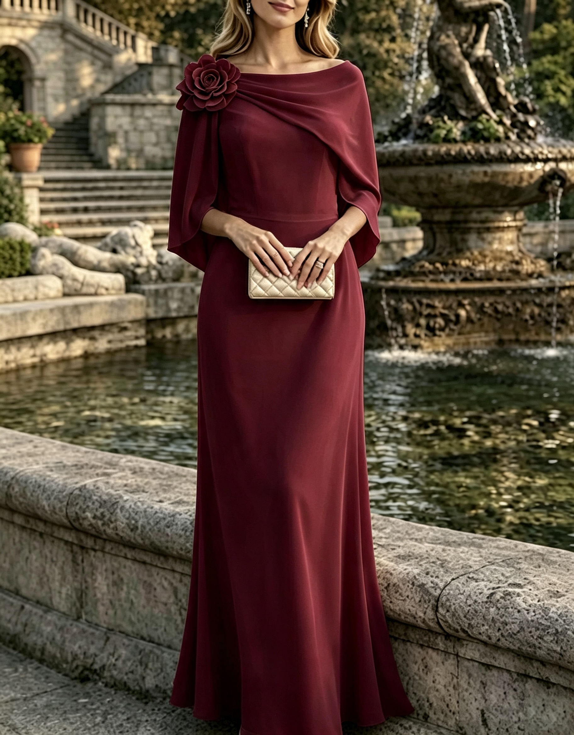 Vestido maxi com sobreposição de chiffon tipo capa, decote barco e aplique floral 3D