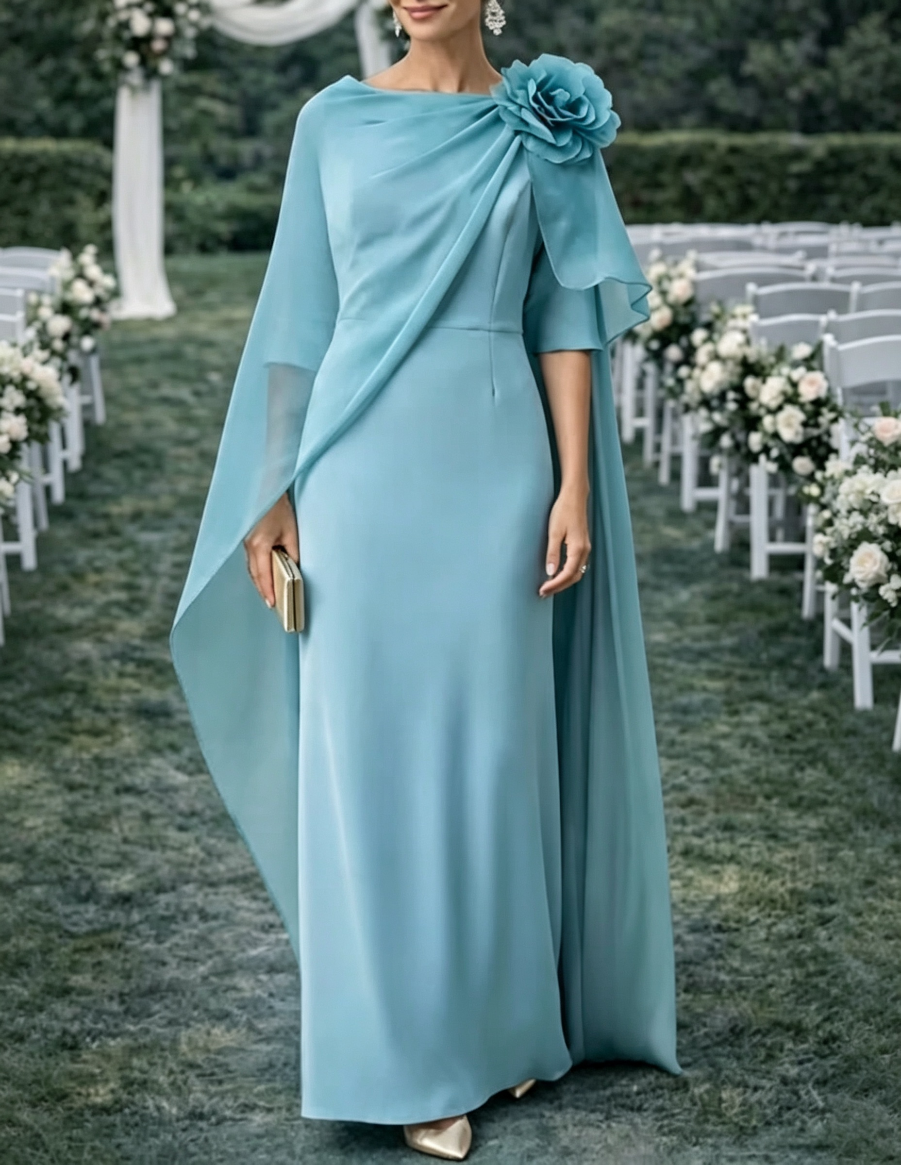 Chiffon-Maxikleid mit U-Boot-Ausschnitt, bodenlangem Cape und 3D-Blumendetail