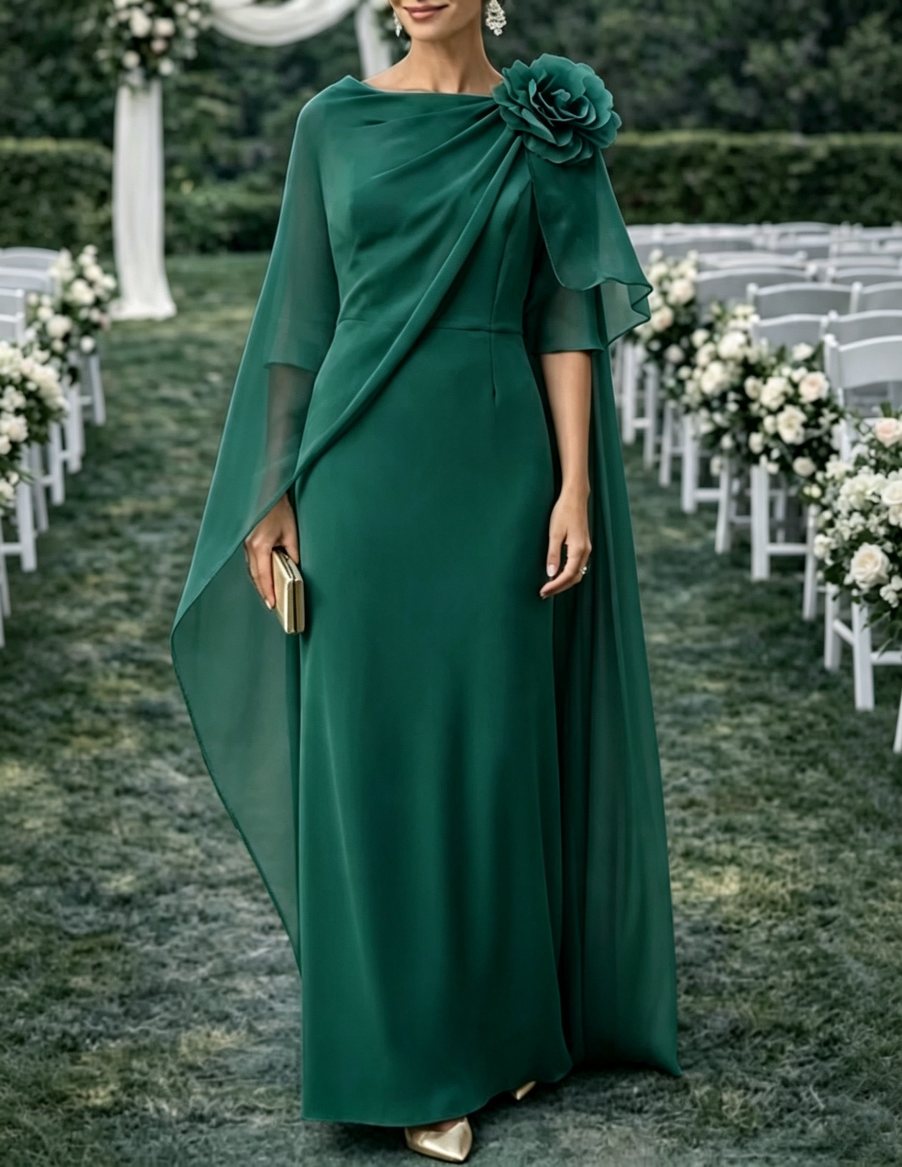 Capa de chiffon até ao chão com decote à barco e vestido maxi com detalhe floral 3D