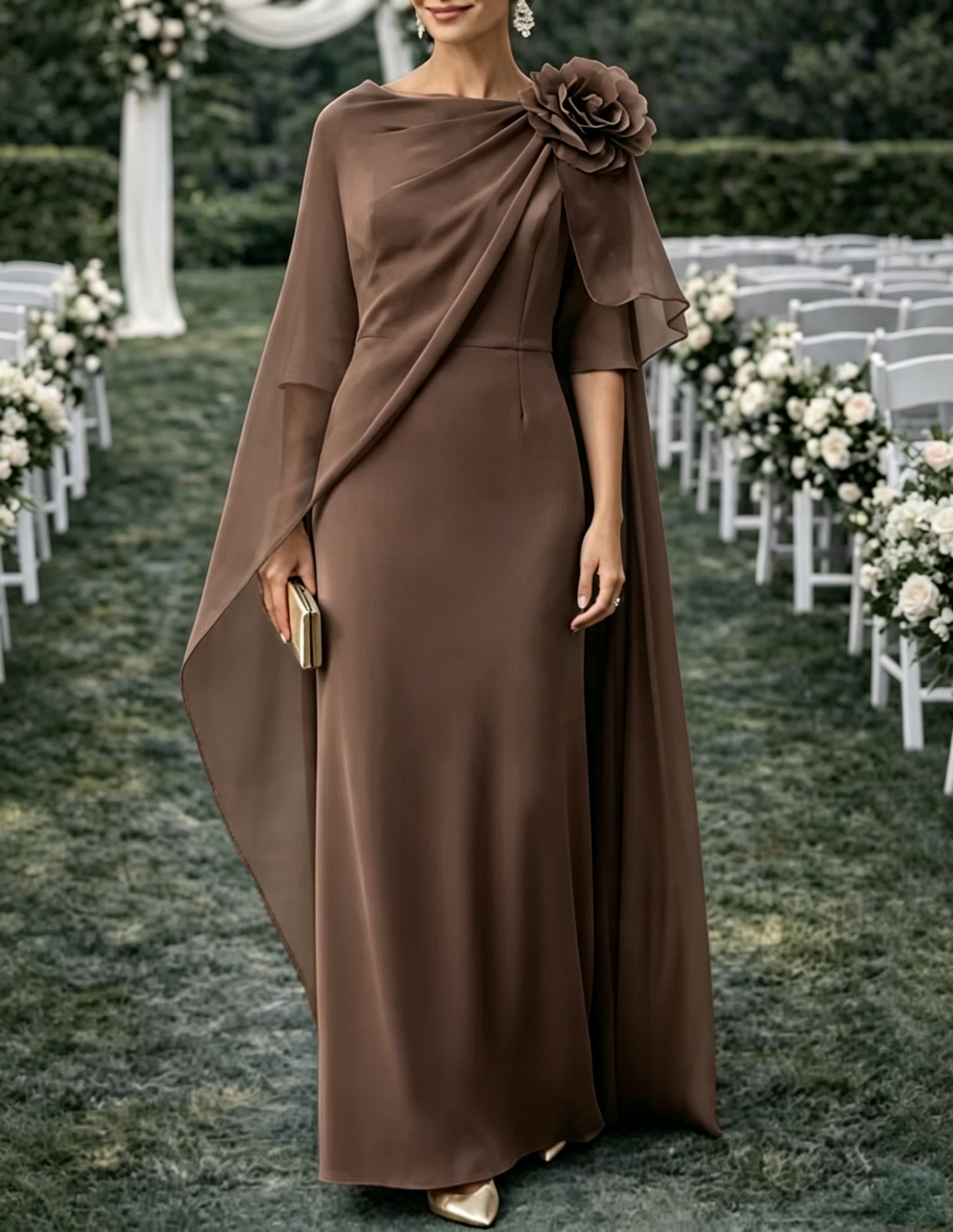 Capa de chiffon até ao chão com decote à barco e vestido maxi com detalhe floral 3D