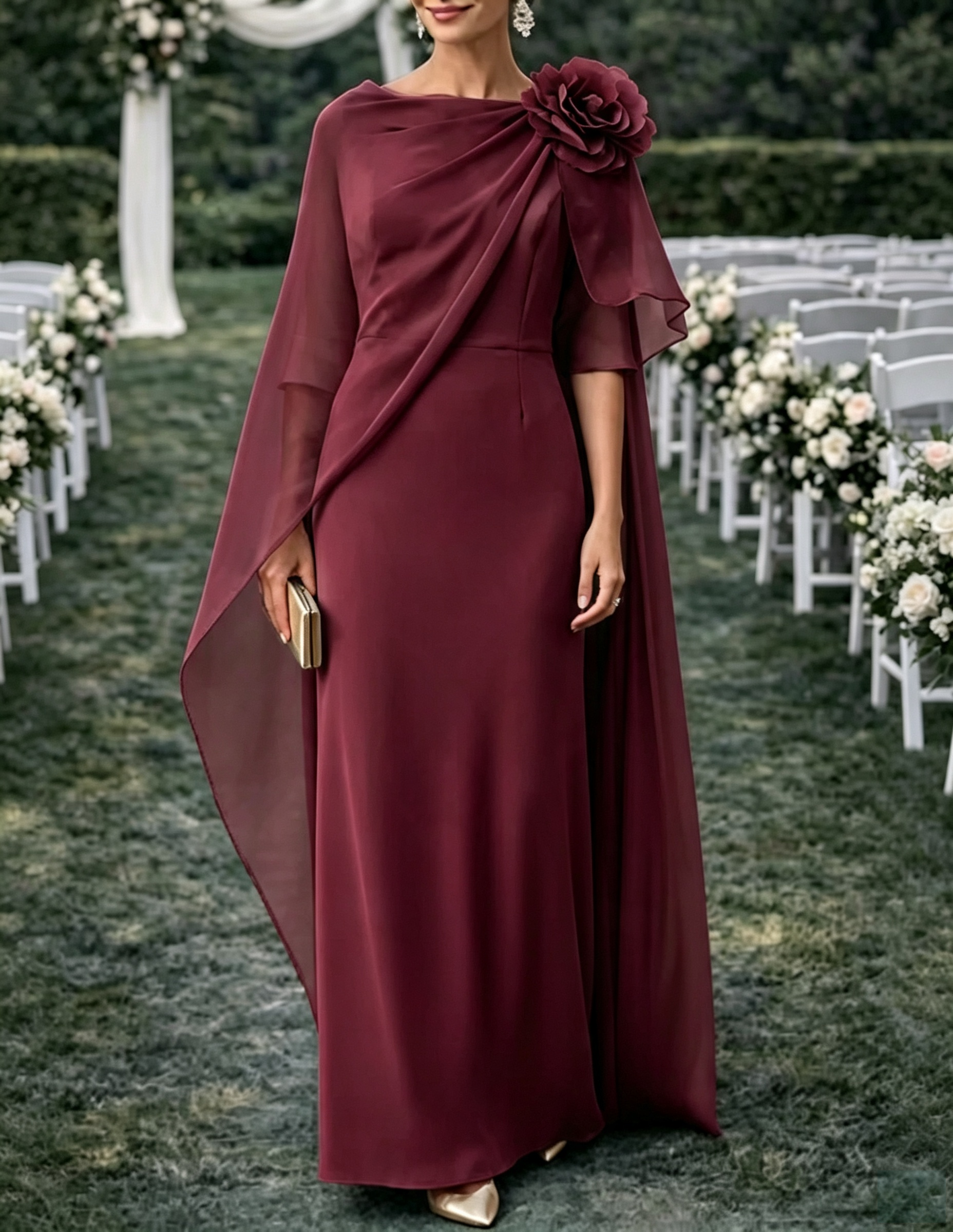 Capa de chiffon até ao chão com decote à barco e vestido maxi com detalhe floral 3D