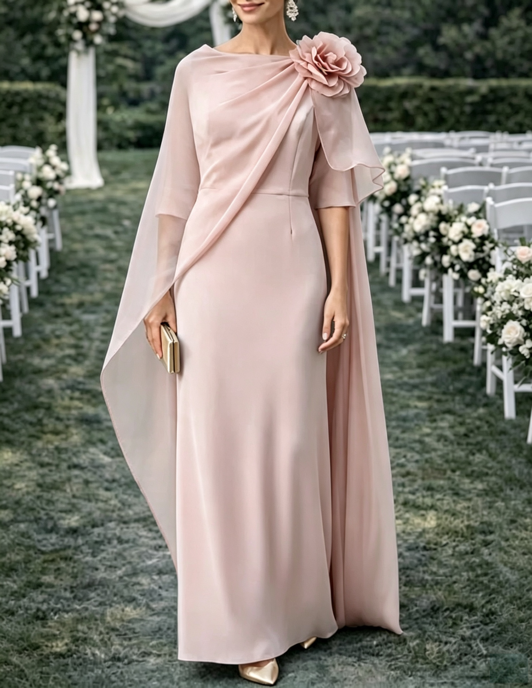 Chiffon-Maxikleid mit U-Boot-Ausschnitt, bodenlangem Cape und 3D-Blumendetail