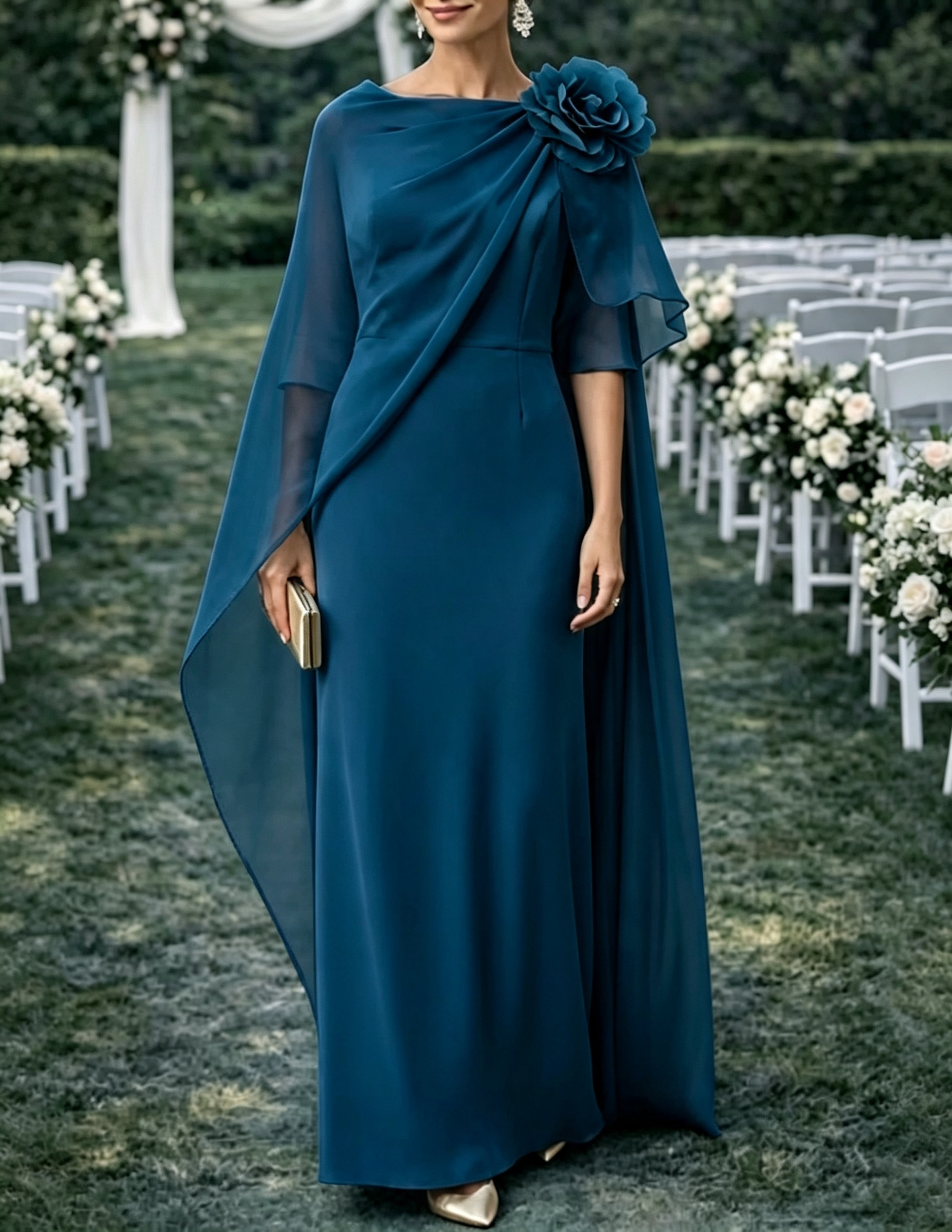 Capa de chiffon até ao chão com decote à barco e vestido maxi com detalhe floral 3D