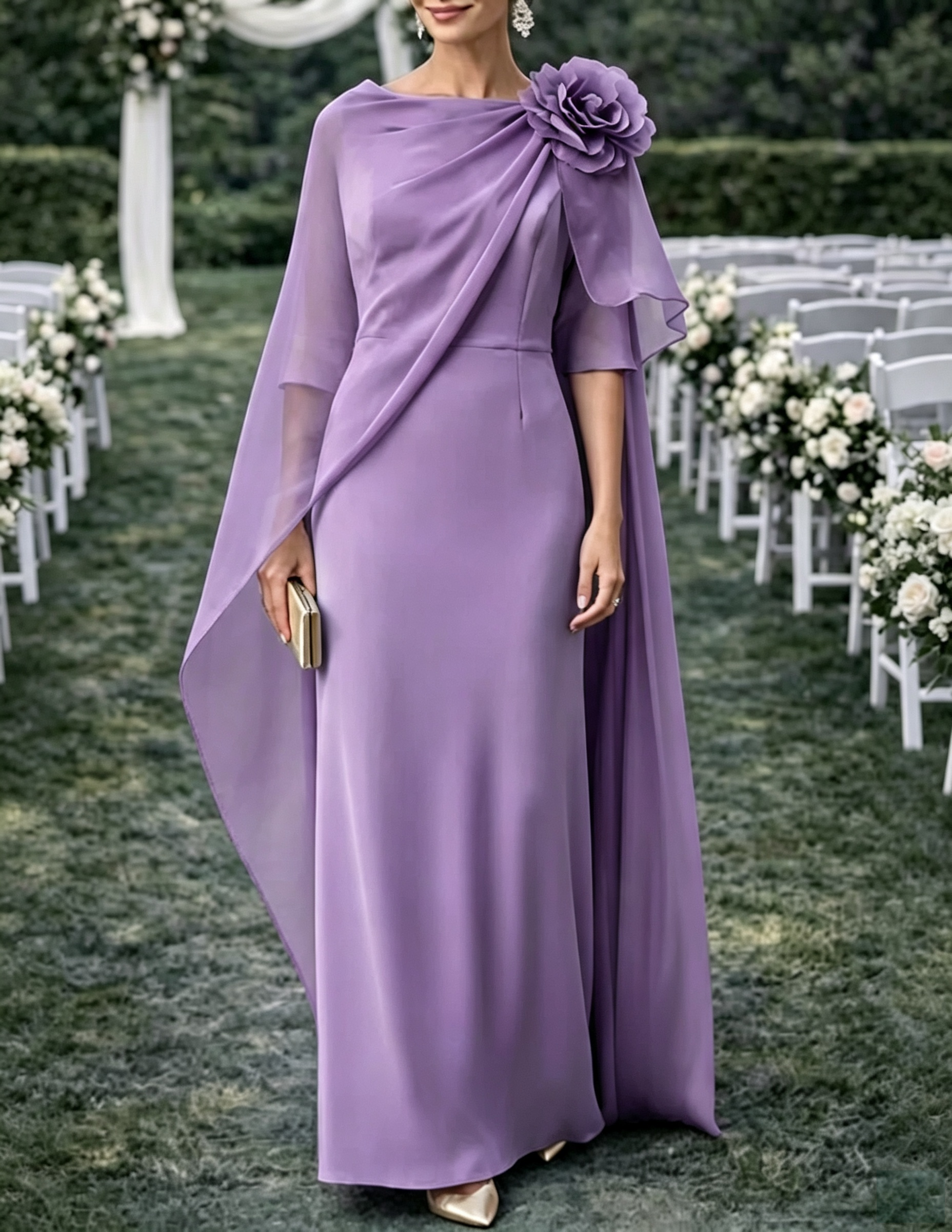 Capa de chiffon até ao chão com decote à barco e vestido maxi com detalhe floral 3D