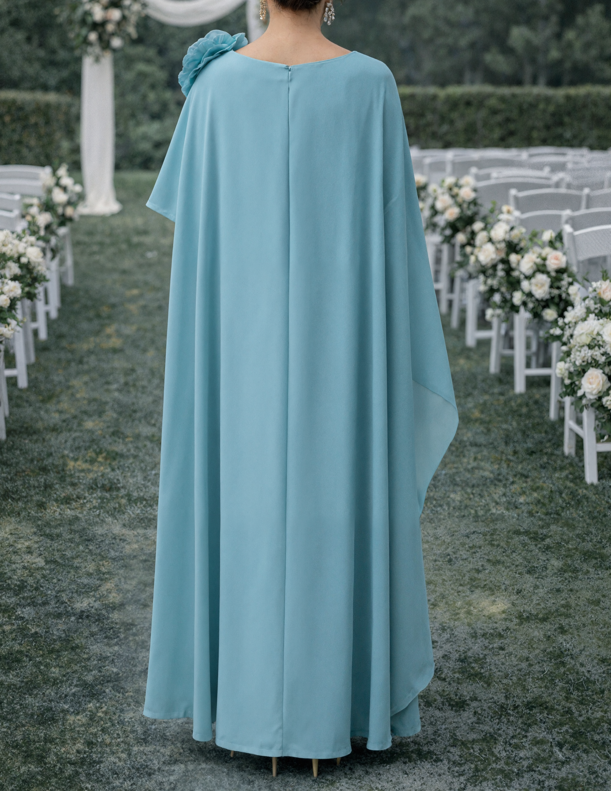 Capa de chiffon até ao chão com decote à barco e vestido maxi com detalhe floral 3D