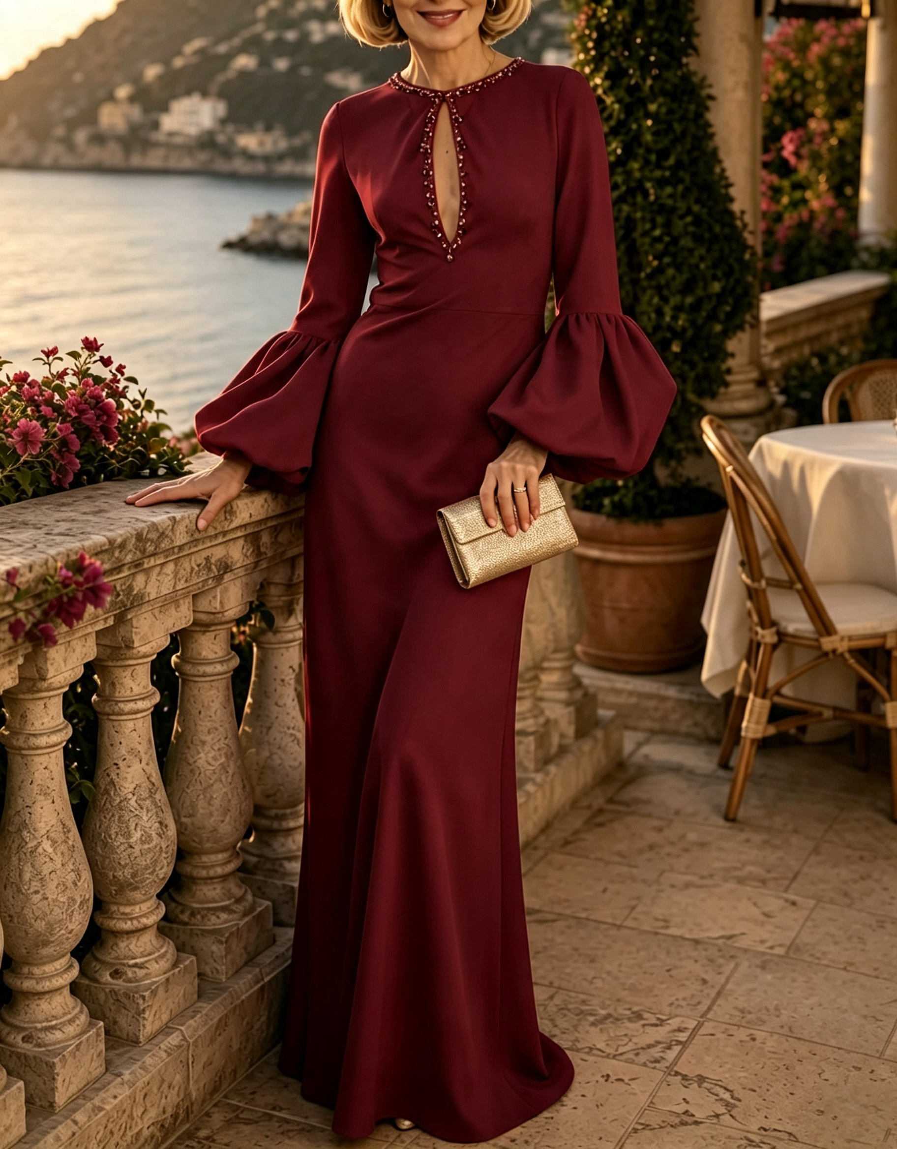 Vestido de noite maxi em crepe com decote redondo, contas, abertura em gota e mangas bishop tufadas