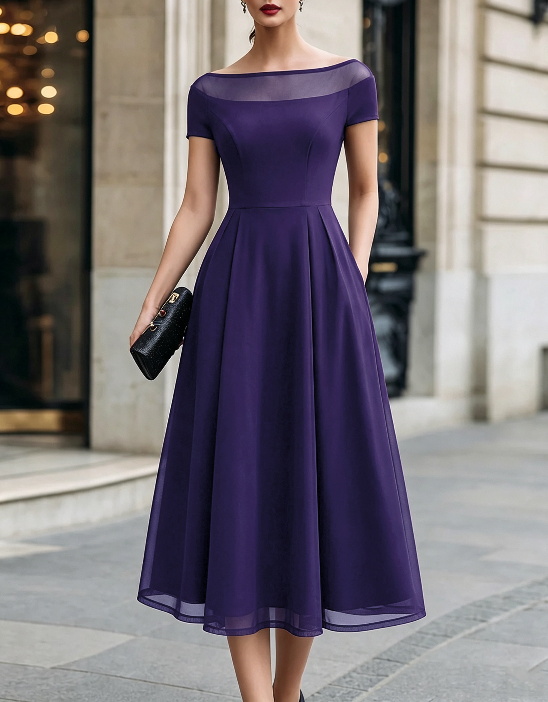 Vestido formal midi evasé em crepe e tule, com decote barco ilusão