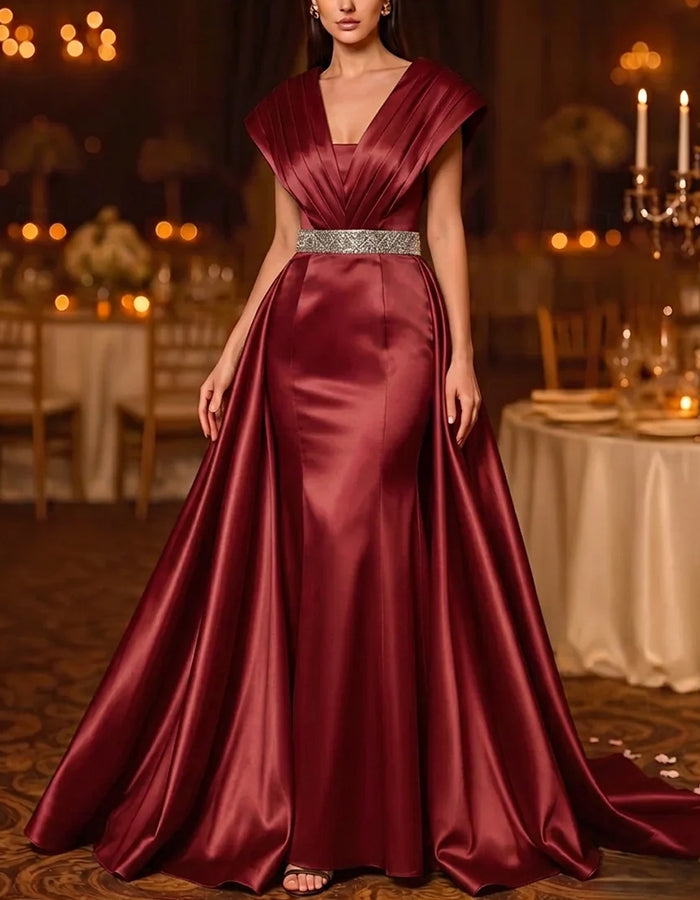 Rochie maxi din satin, cu mâneci scurte plisate, paiete și talie accentuată
