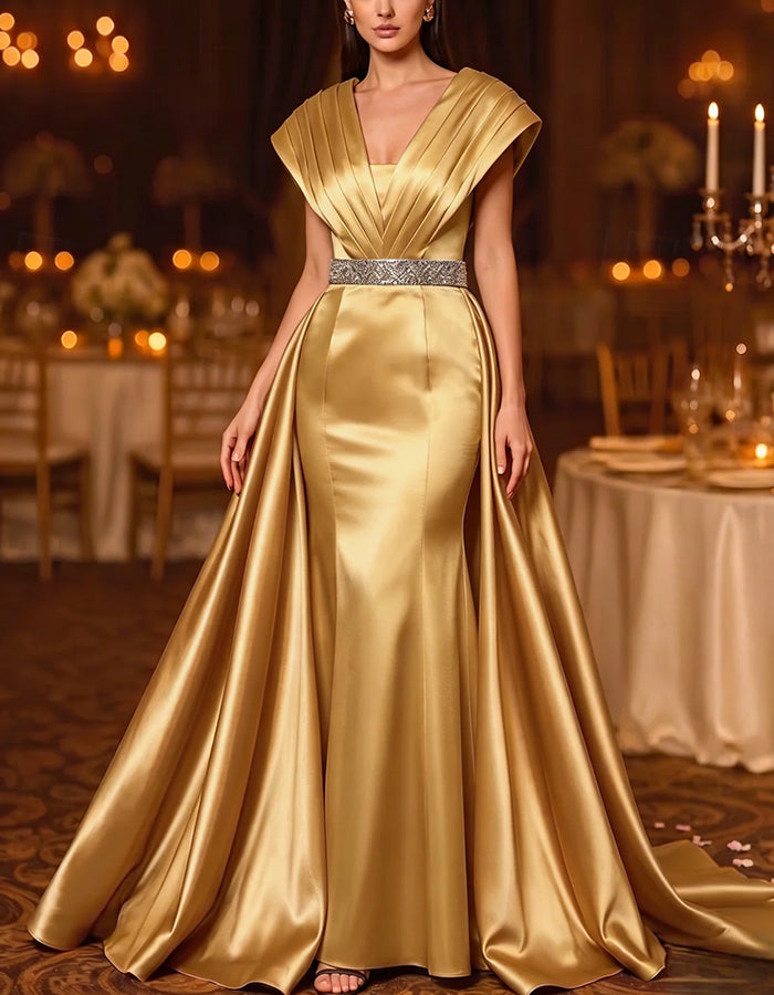 Rochie maxi din satin, cu mâneci scurte plisate, paiete și talie accentuată