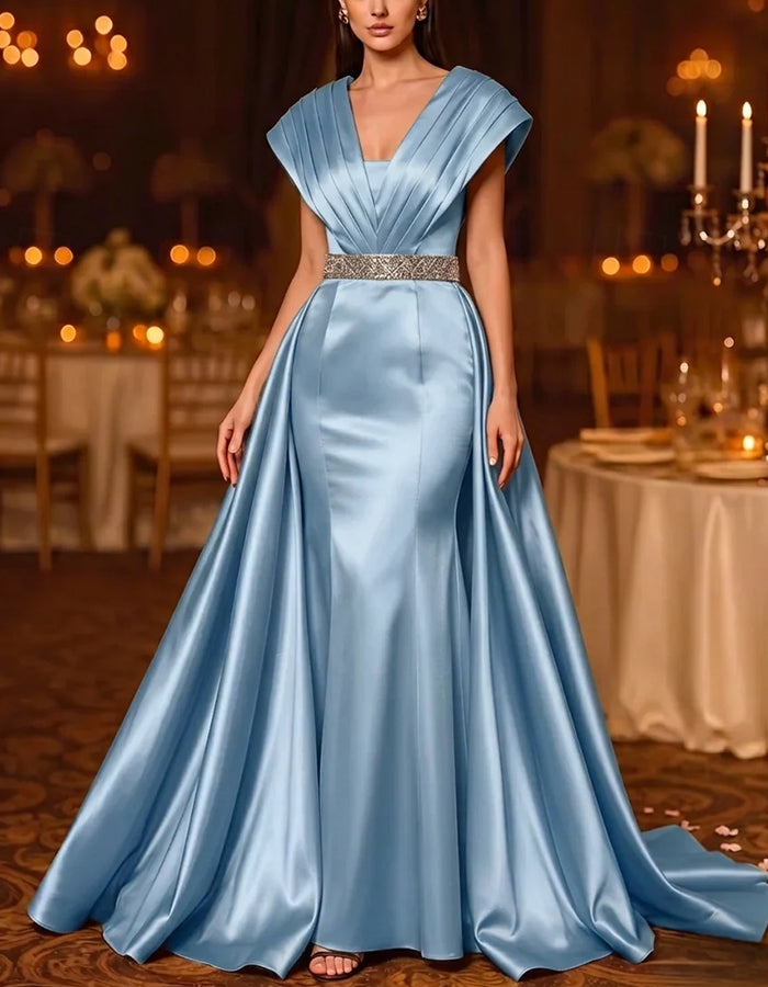 Rochie maxi din satin, cu mâneci scurte plisate, paiete și talie accentuată