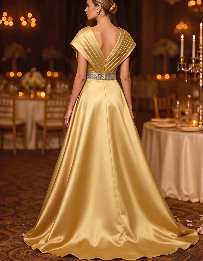 Rochie maxi din satin, cu mâneci scurte plisate, paiete și talie accentuată