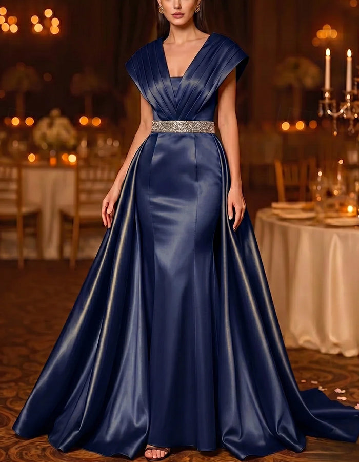 Rochie maxi din satin, cu mâneci scurte plisate, paiete și talie accentuată